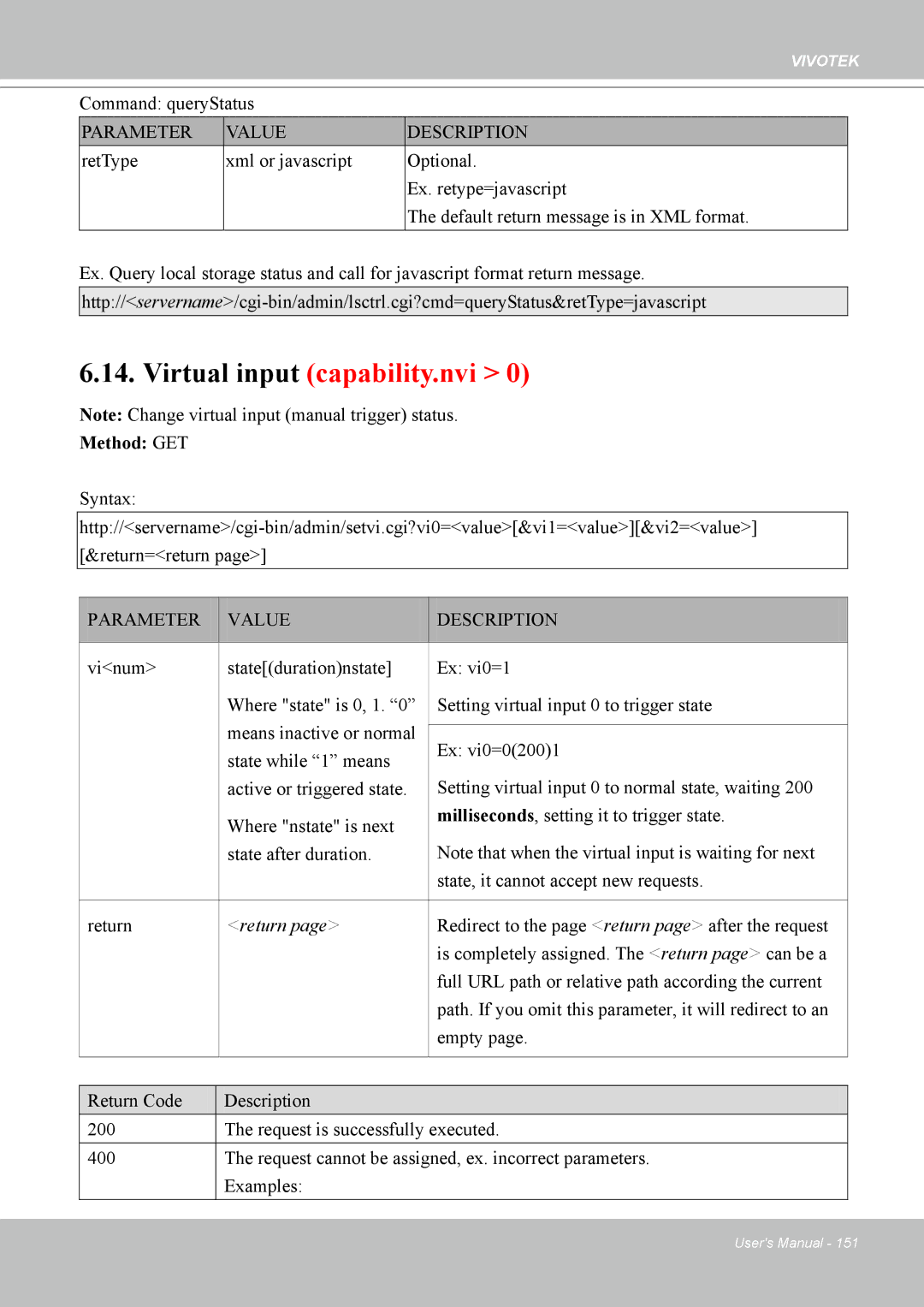 Vivotek 7530D, MD7530 manual Virtual input capability.nvi, Command queryStatus 