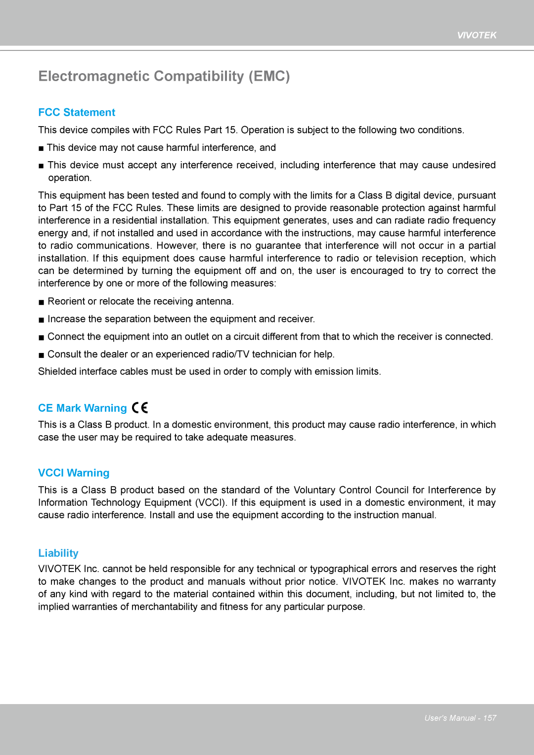 Vivotek 7530D, MD7530 manual Electromagnetic Compatibility EMC, Liability 