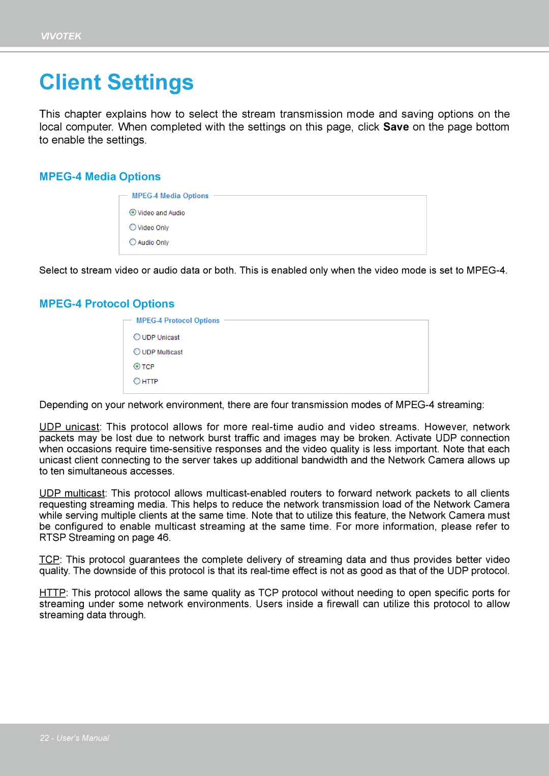 Vivotek MD7530, 7530D manual Client Settings 