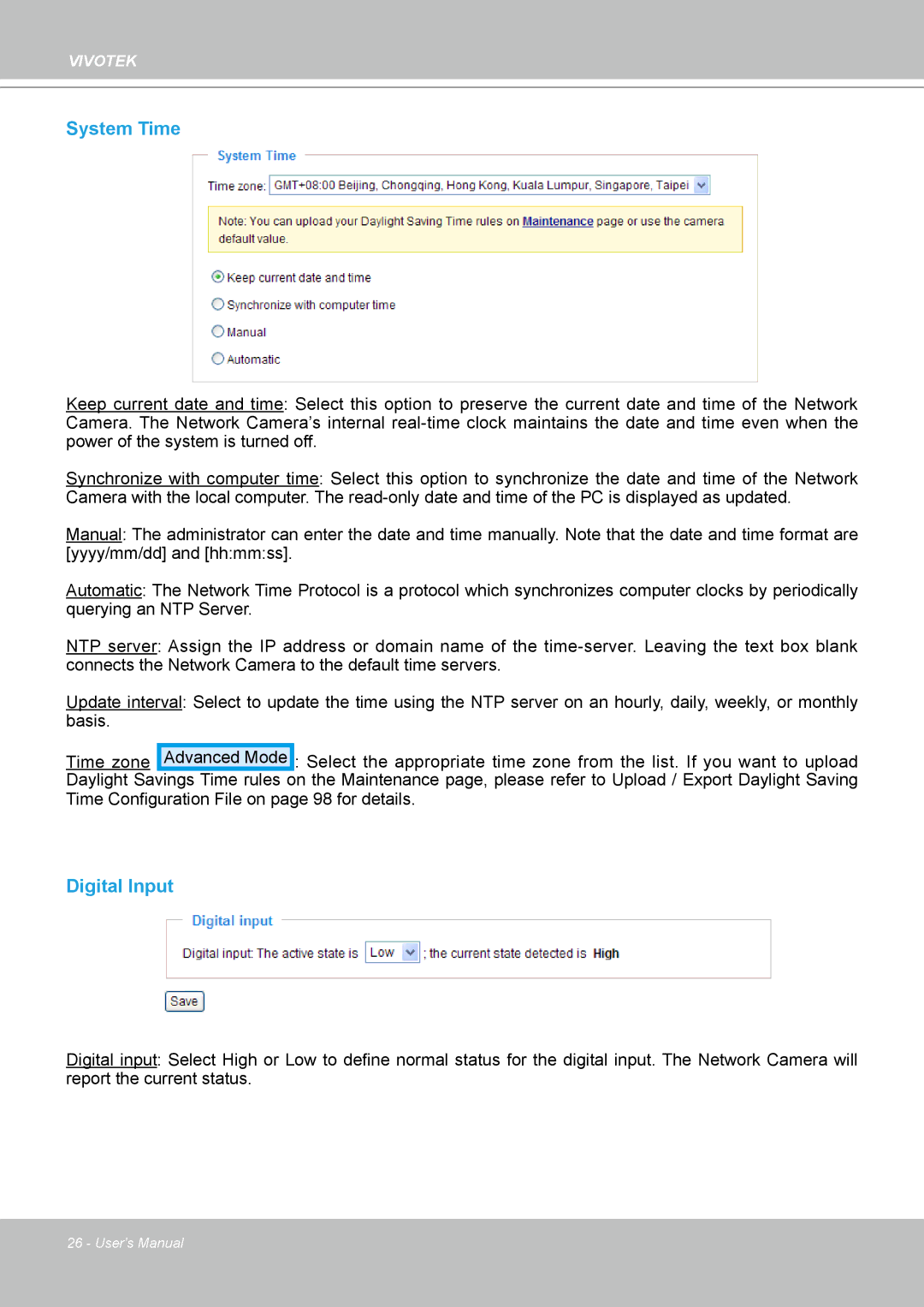 Vivotek MD7530, 7530D manual System Time, Digital Input 
