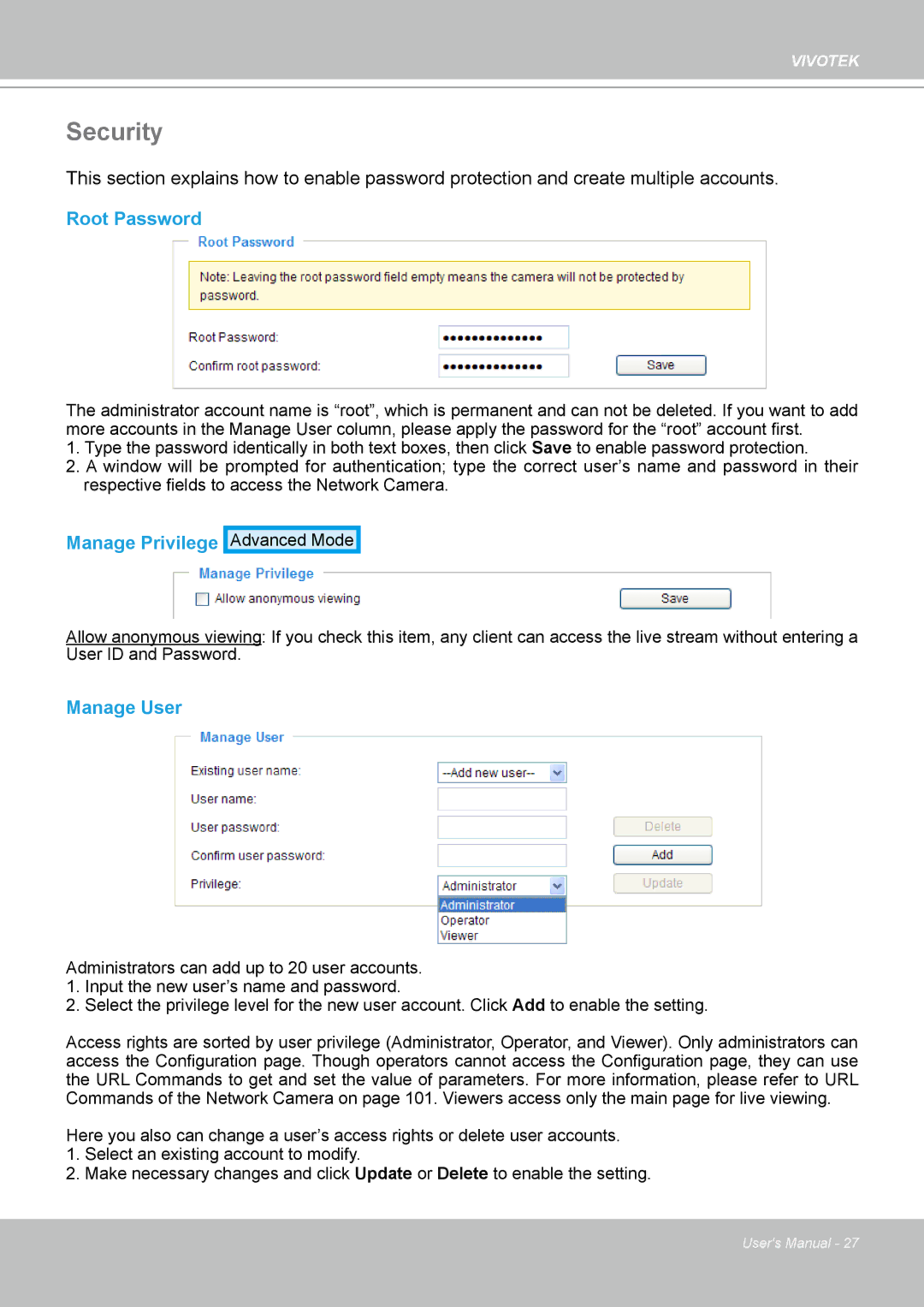 Vivotek 7530D, MD7530 manual Security, Root Password, Manage Privilege, Manage User 