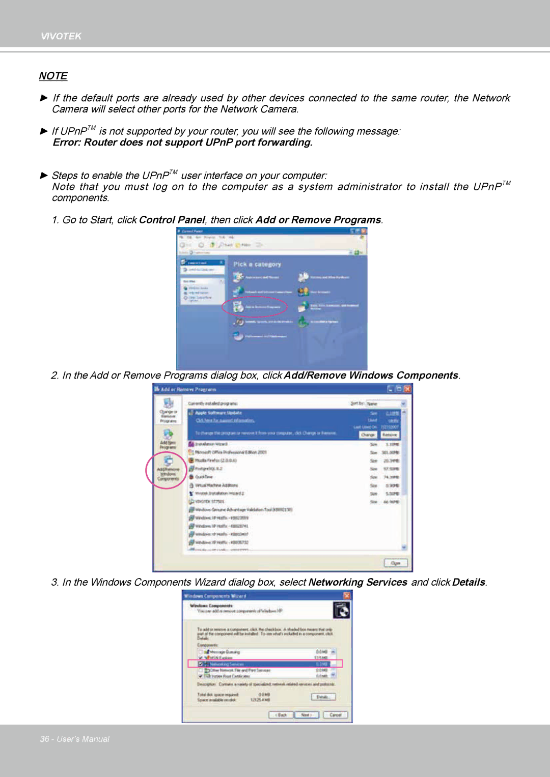 Vivotek MD7530, 7530D manual Error Router does not support UPnP port forwarding 