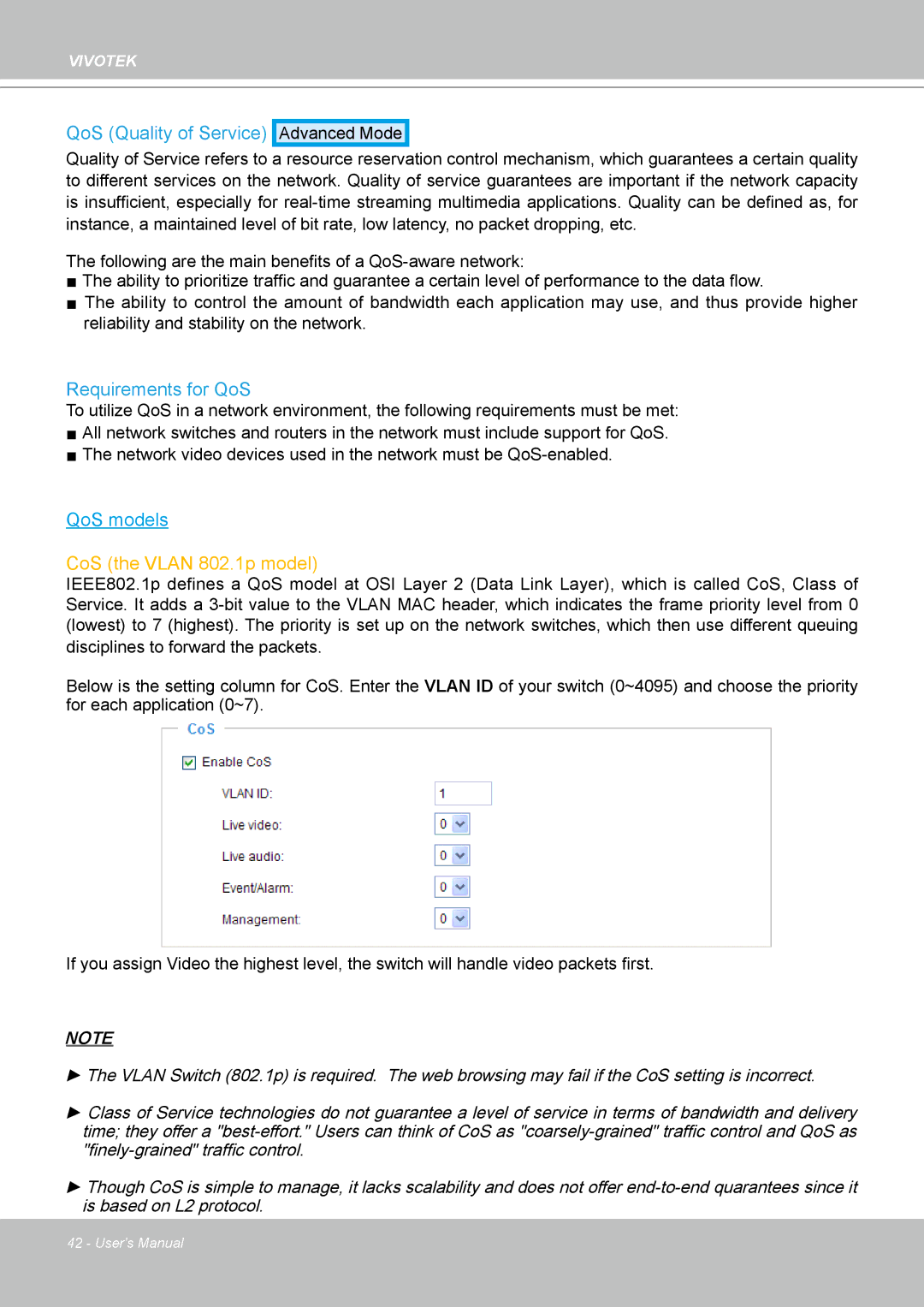 Vivotek MD7530, 7530D manual CoS the Vlan 8021p model 