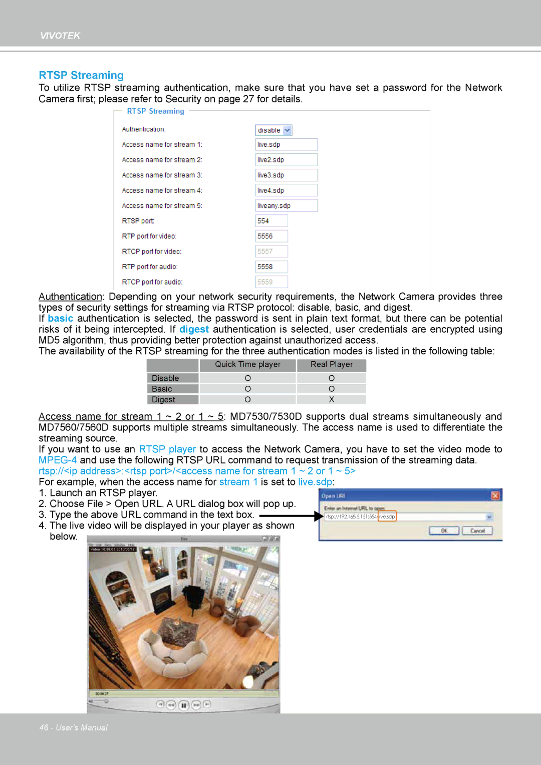 Vivotek MD7530, 7530D manual Rtsp Streaming 