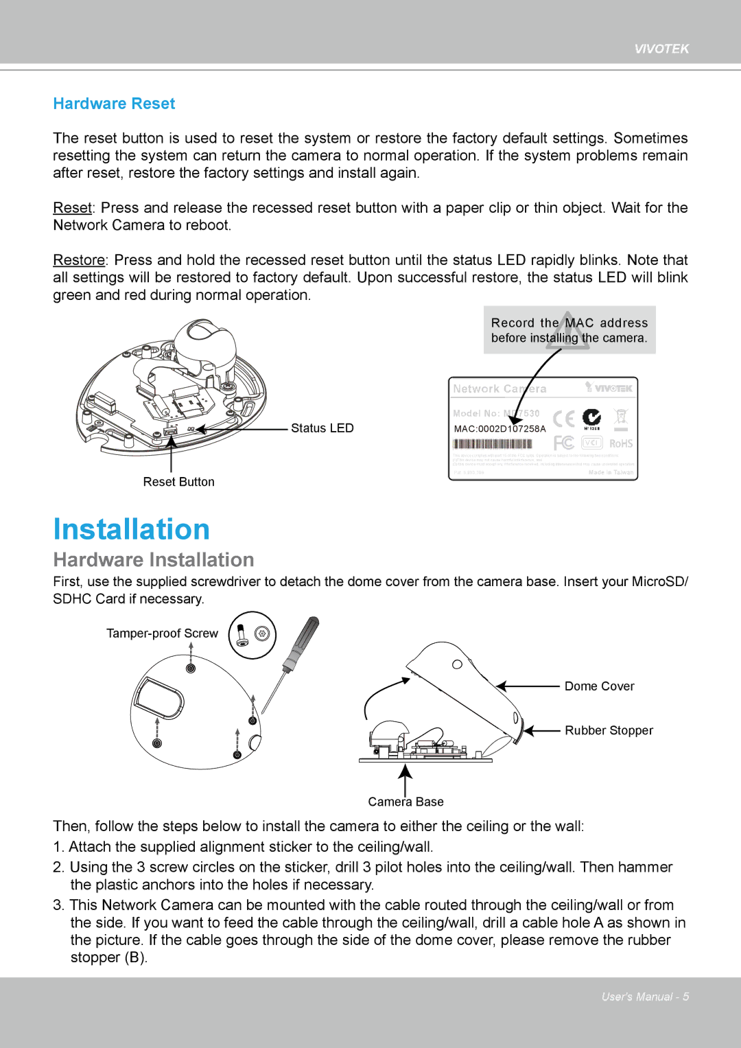 Vivotek 7530D, MD7530 manual Hardware Installation, Hardware Reset 