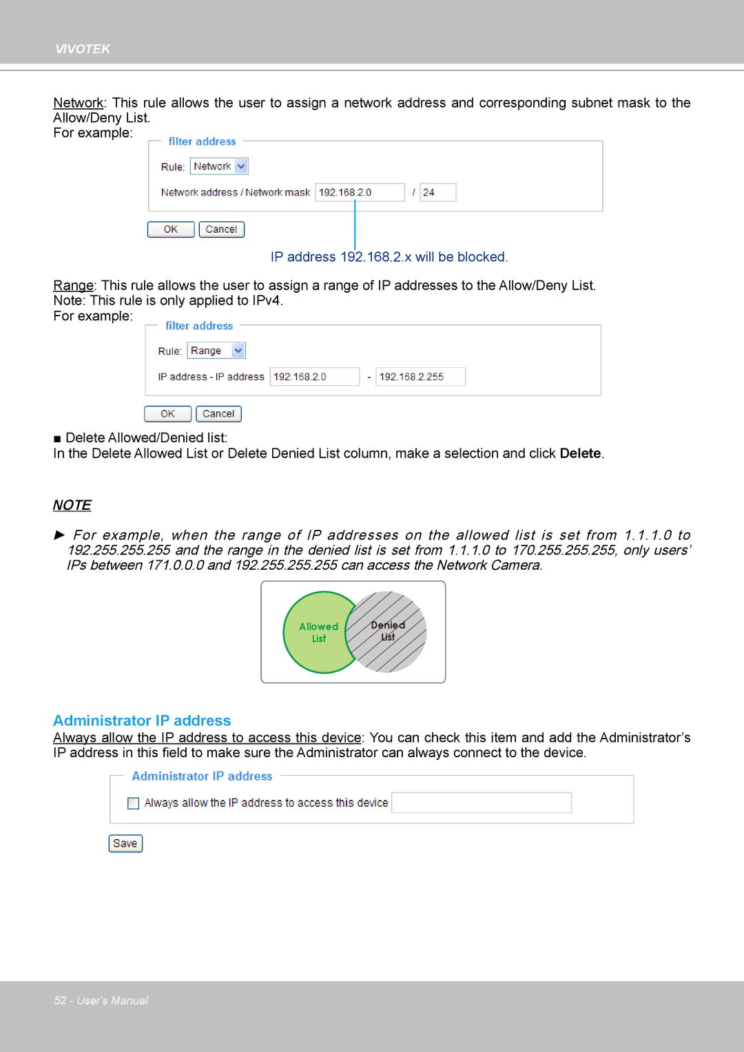 Vivotek MD7530, 7530D manual Administrator IP address, IP address 192.168.2.x will be blocked 