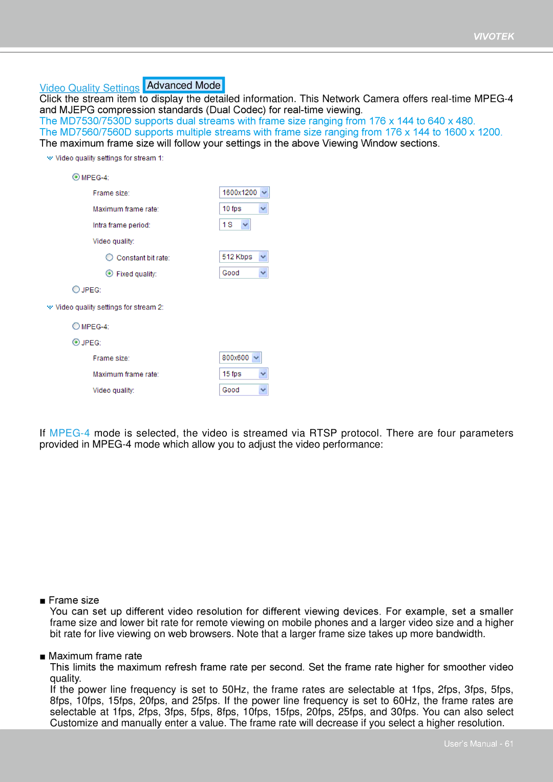 Vivotek 7530D, MD7530 manual Video Quality Settings Advanced Mode 