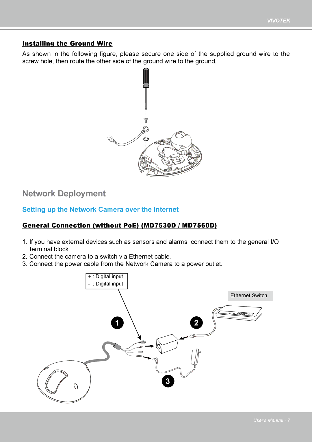 Vivotek 7530D, MD7530 manual Network Deployment, Installing the Ground Wire 