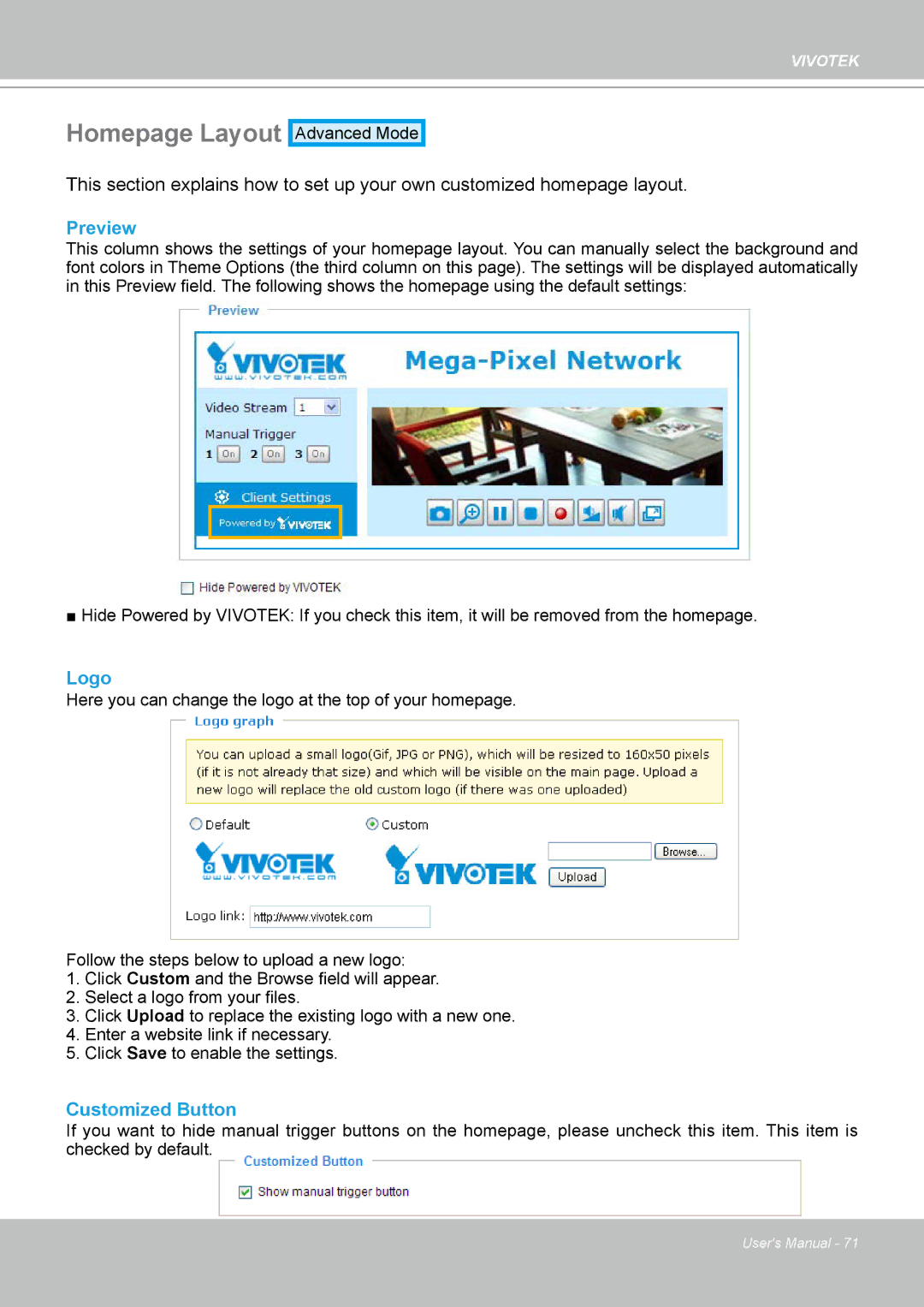 Vivotek 7530D, MD7530 manual Homepage Layout, Preview, Logo, Customized Button 
