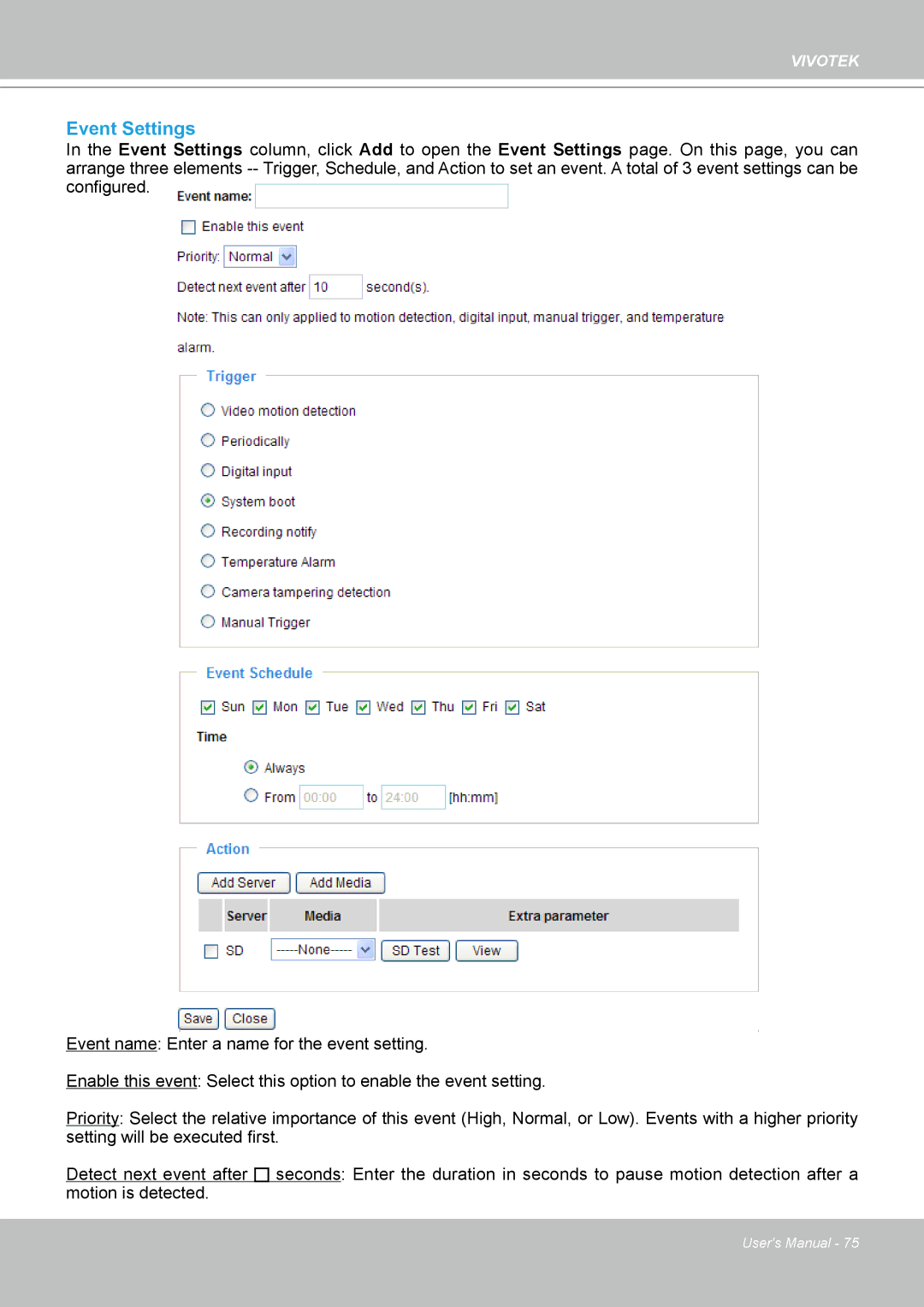 Vivotek 7530D, MD7530 manual Event Settings 