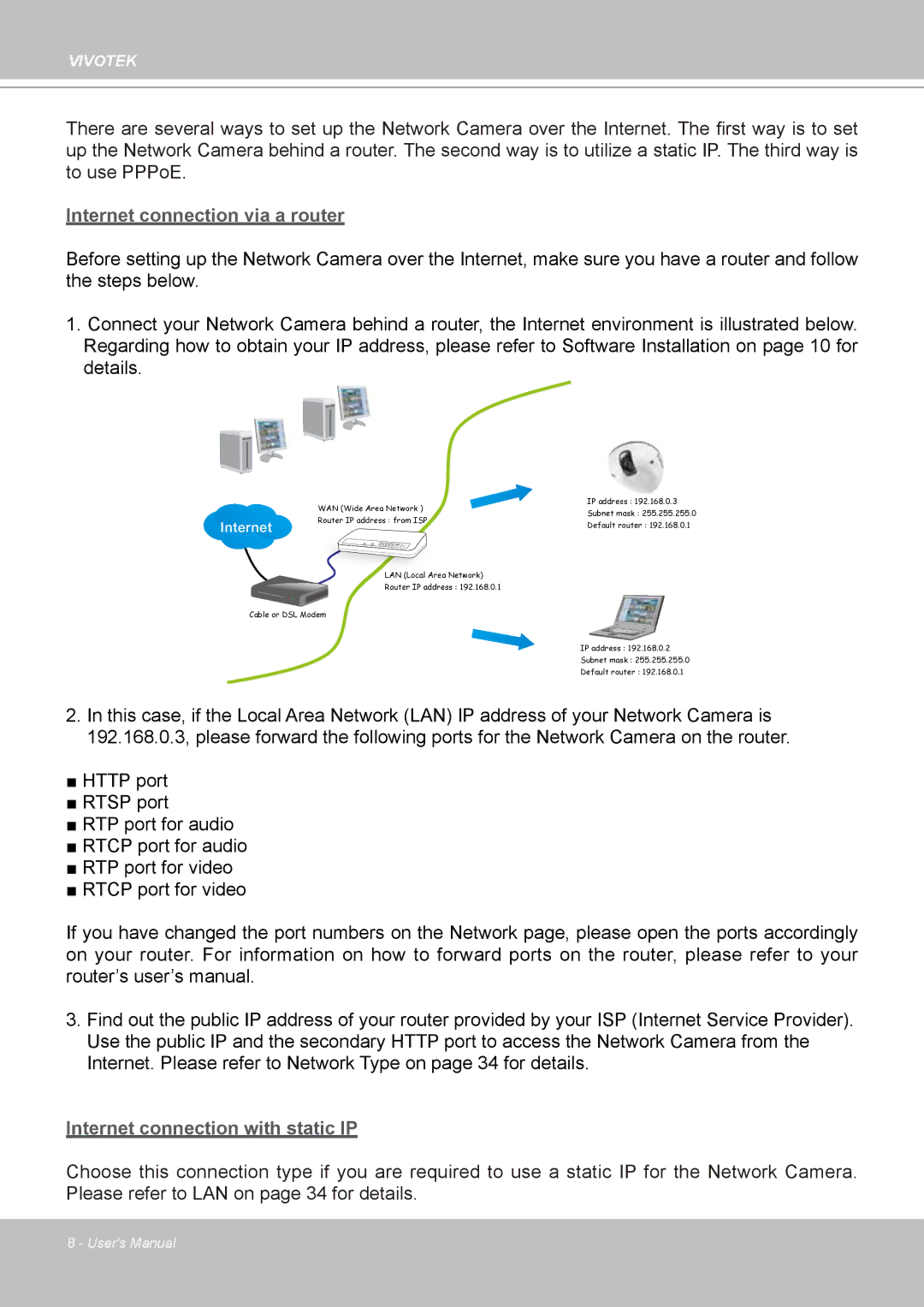 Vivotek MD7530, 7530D manual Internet connection via a router 