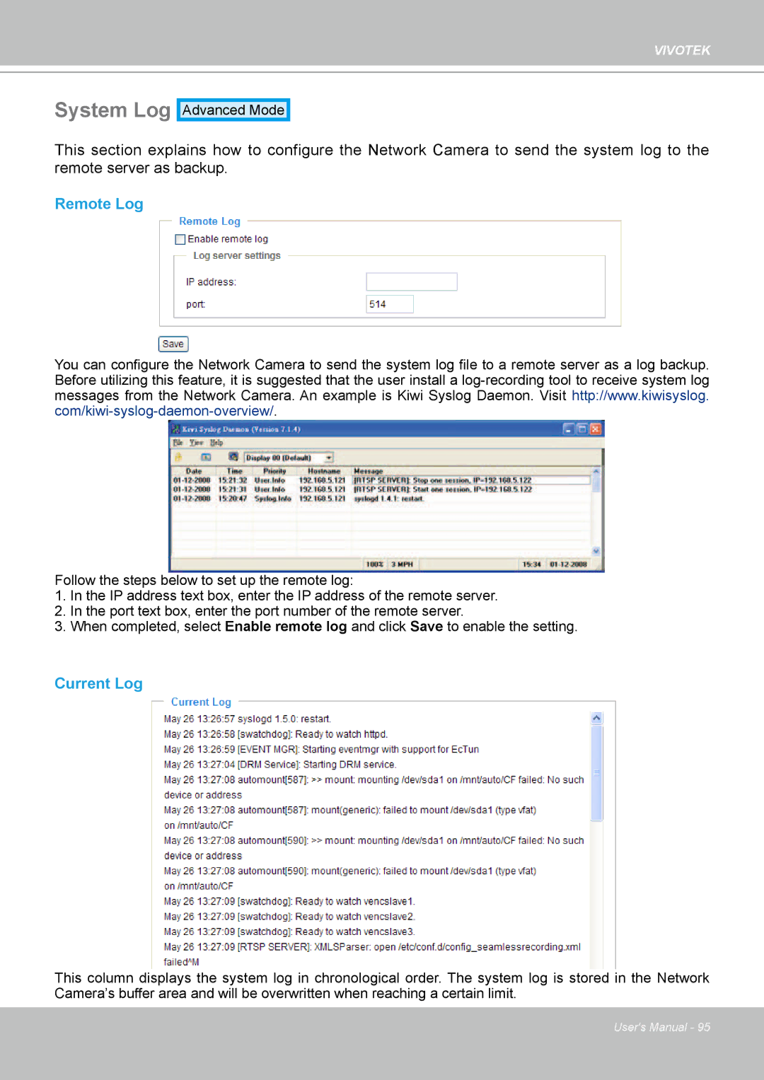 Vivotek 7530D, MD7530 manual System Log, Remote Log, Current Log 