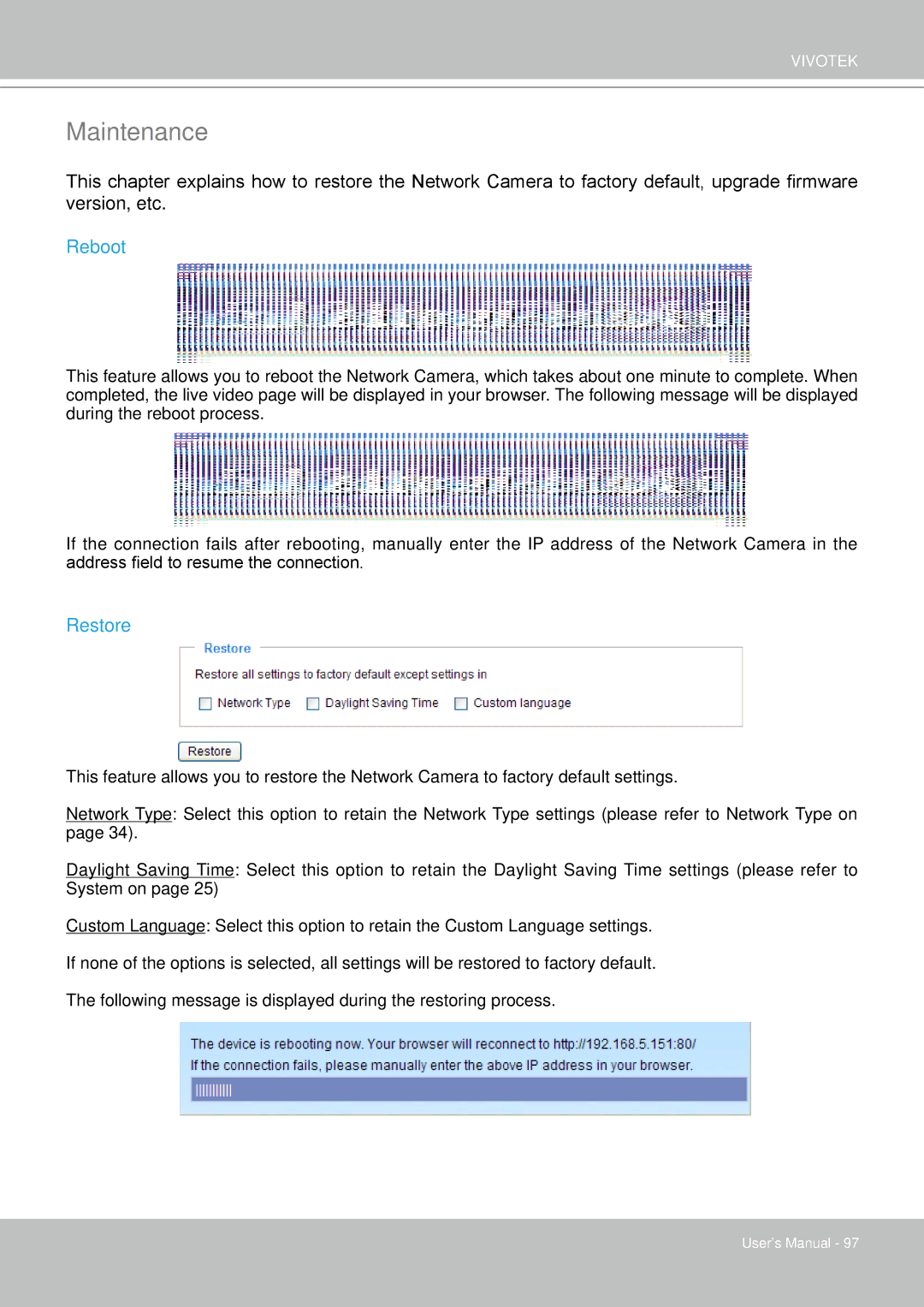 Vivotek 7530D, MD7530 manual Maintenance, Reboot, Restore 