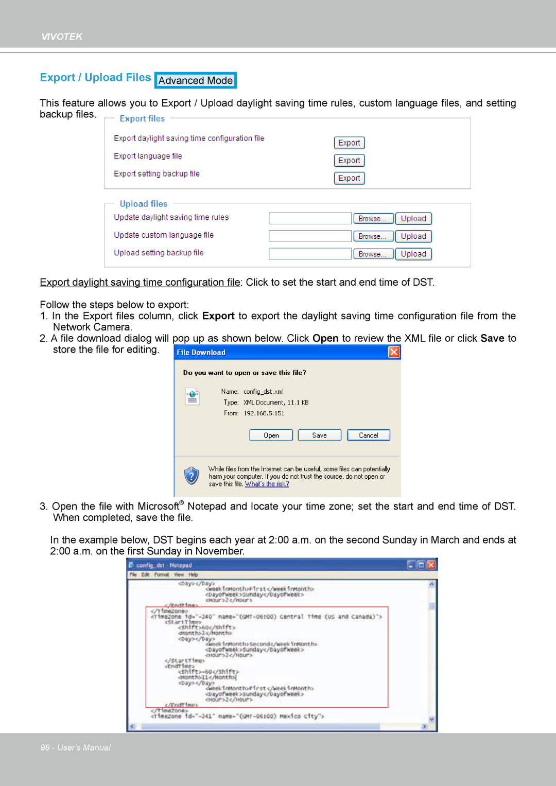 Vivotek MD7530, 7530D manual Export / Upload Files 