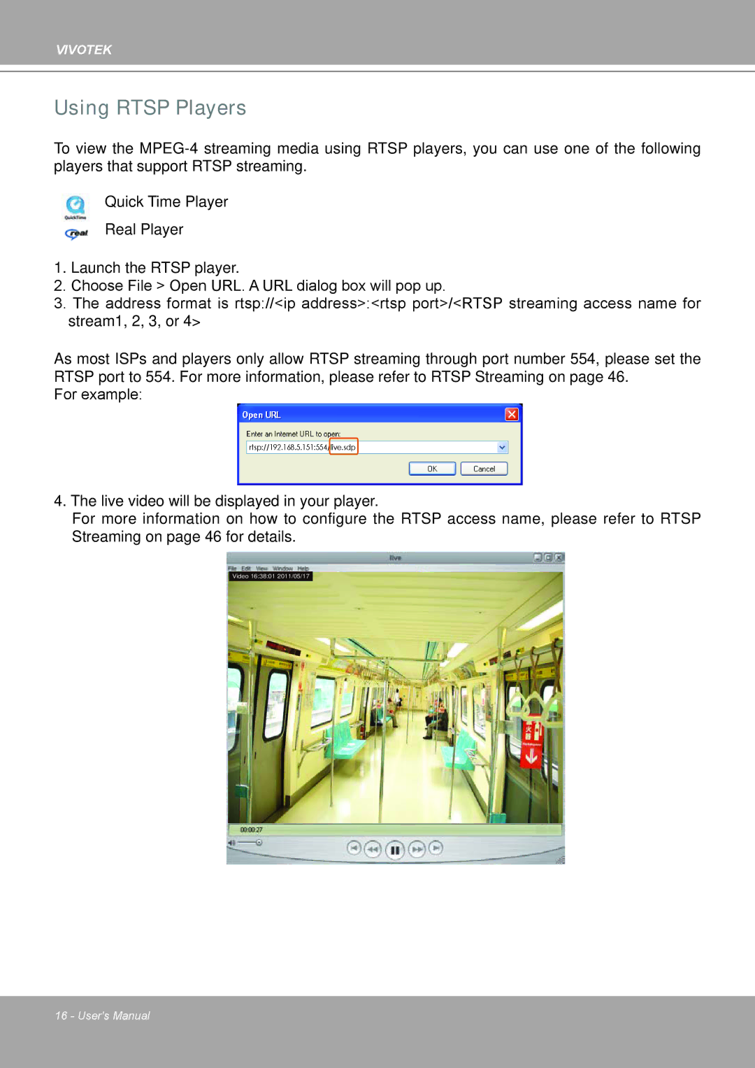 Vivotek MD8562, 8562D manual Using Rtsp Players 