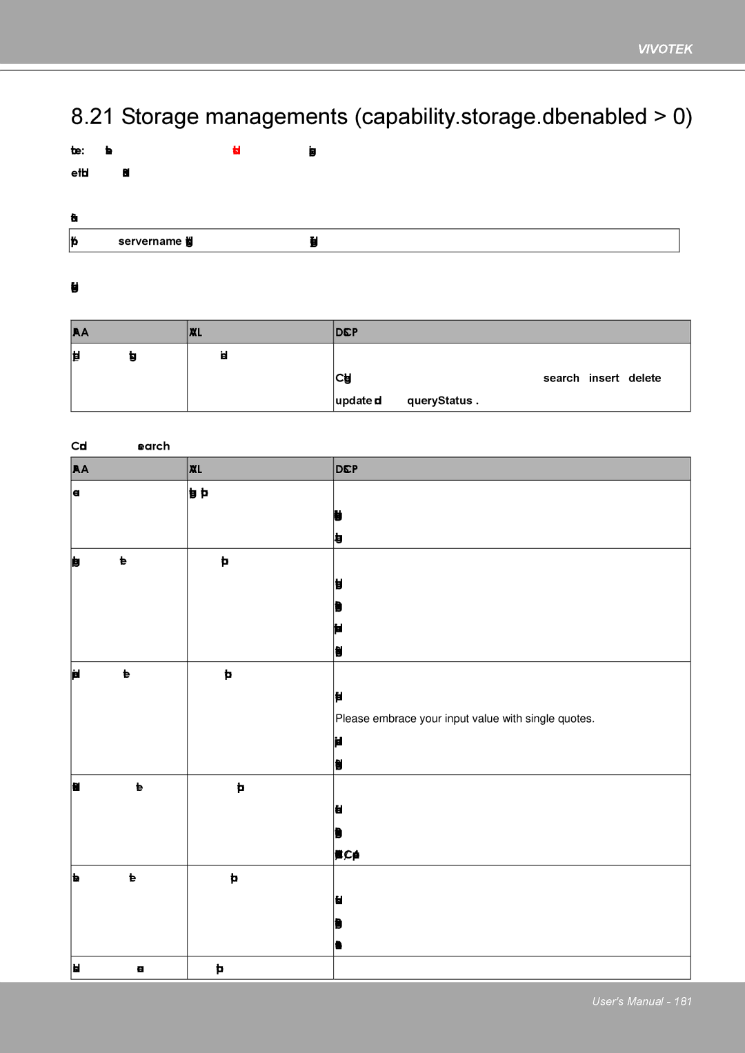 Vivotek 8562D, MD8562 manual Storage managements capability.storage.dbenabled, Update, and queryStatus 