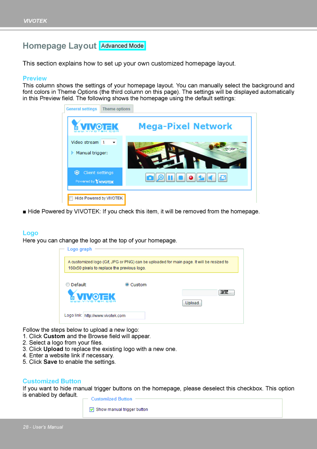 Vivotek MD8562, 8562D manual Homepage Layout, Preview, Logo, Customized Button 