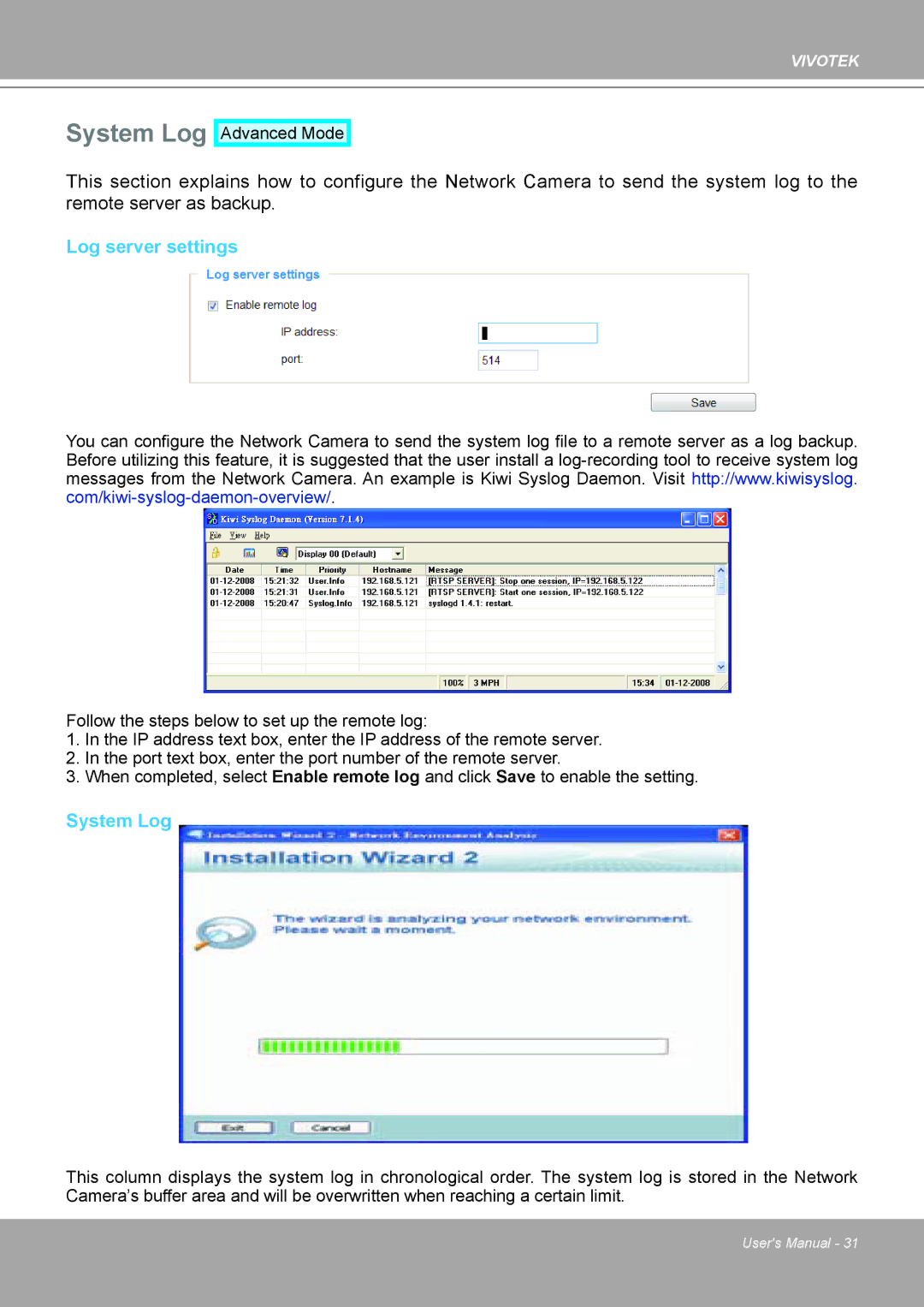 Vivotek 8562D, MD8562 manual System Log, Log server settings 