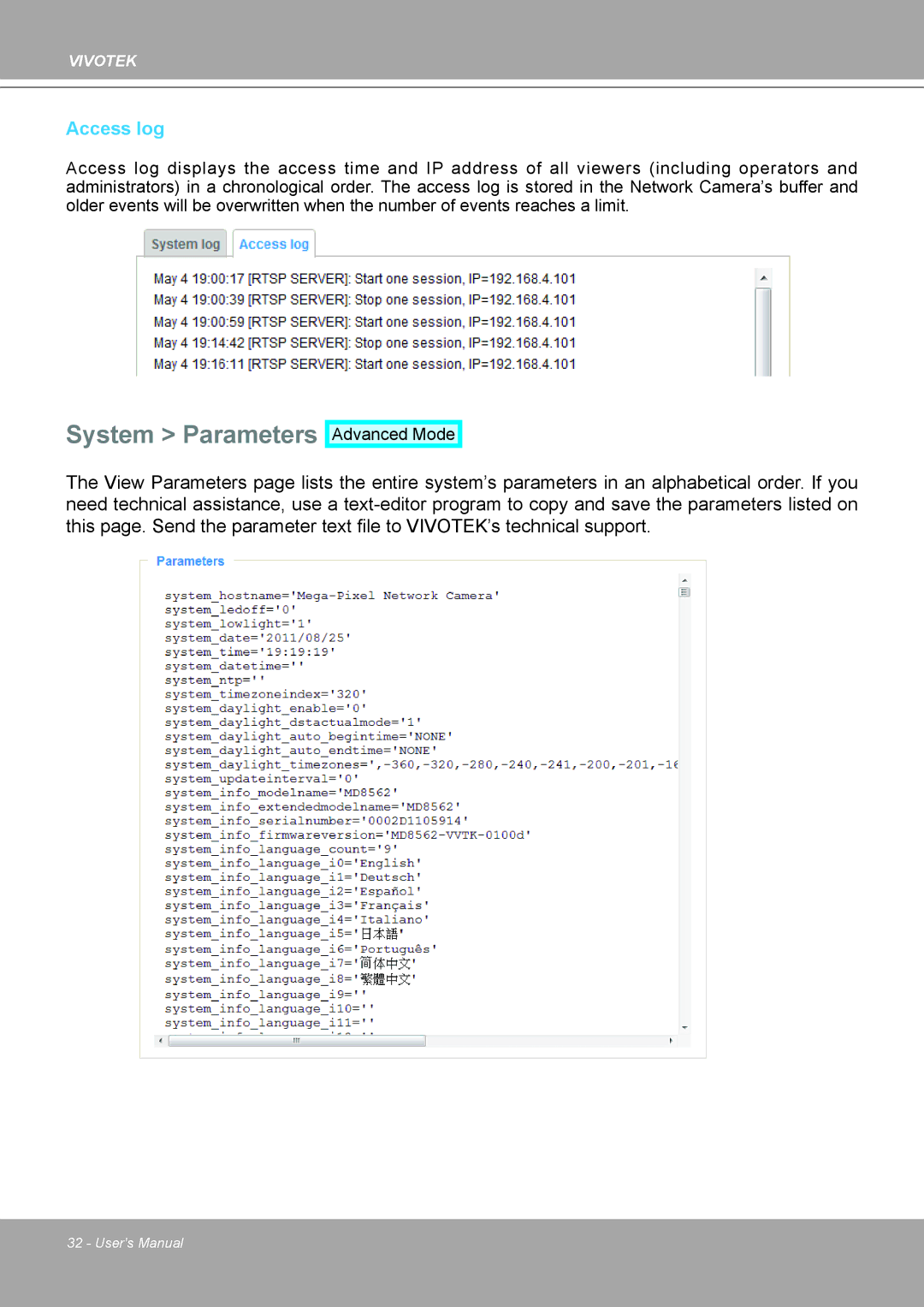 Vivotek MD8562, 8562D manual System Parameters, Access log 