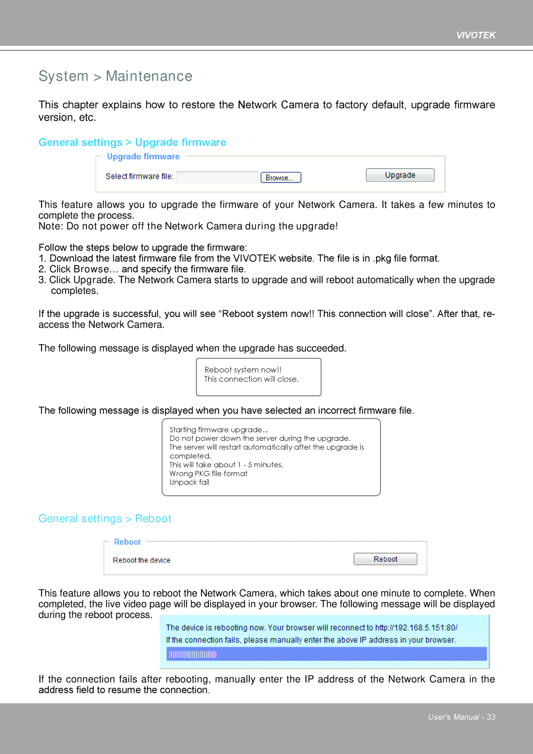 Vivotek 8562D, MD8562 manual System Maintenance, General settings Upgrade firmware, General settings Reboot 