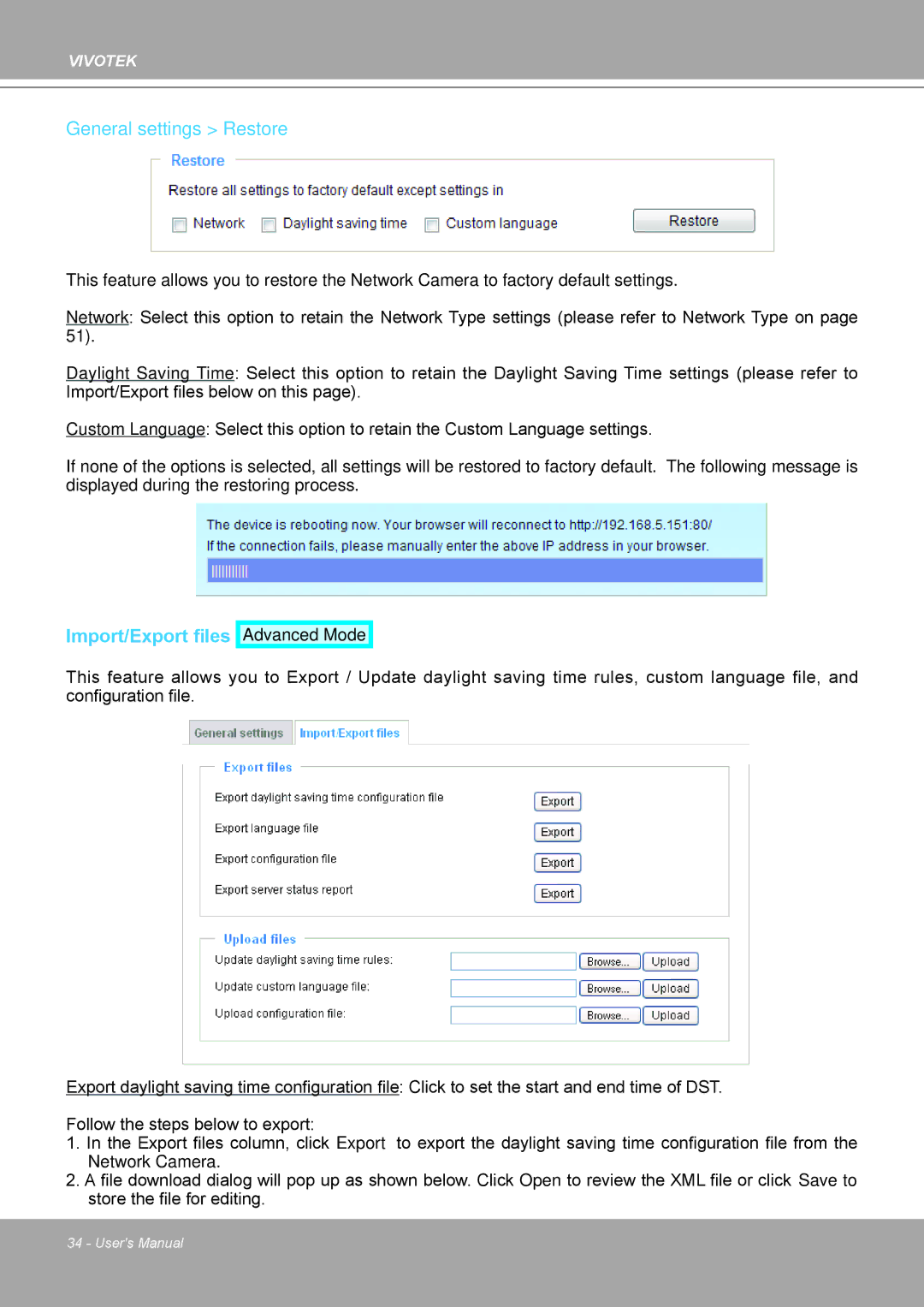 Vivotek MD8562, 8562D manual General settings Restore, Import/Export files 