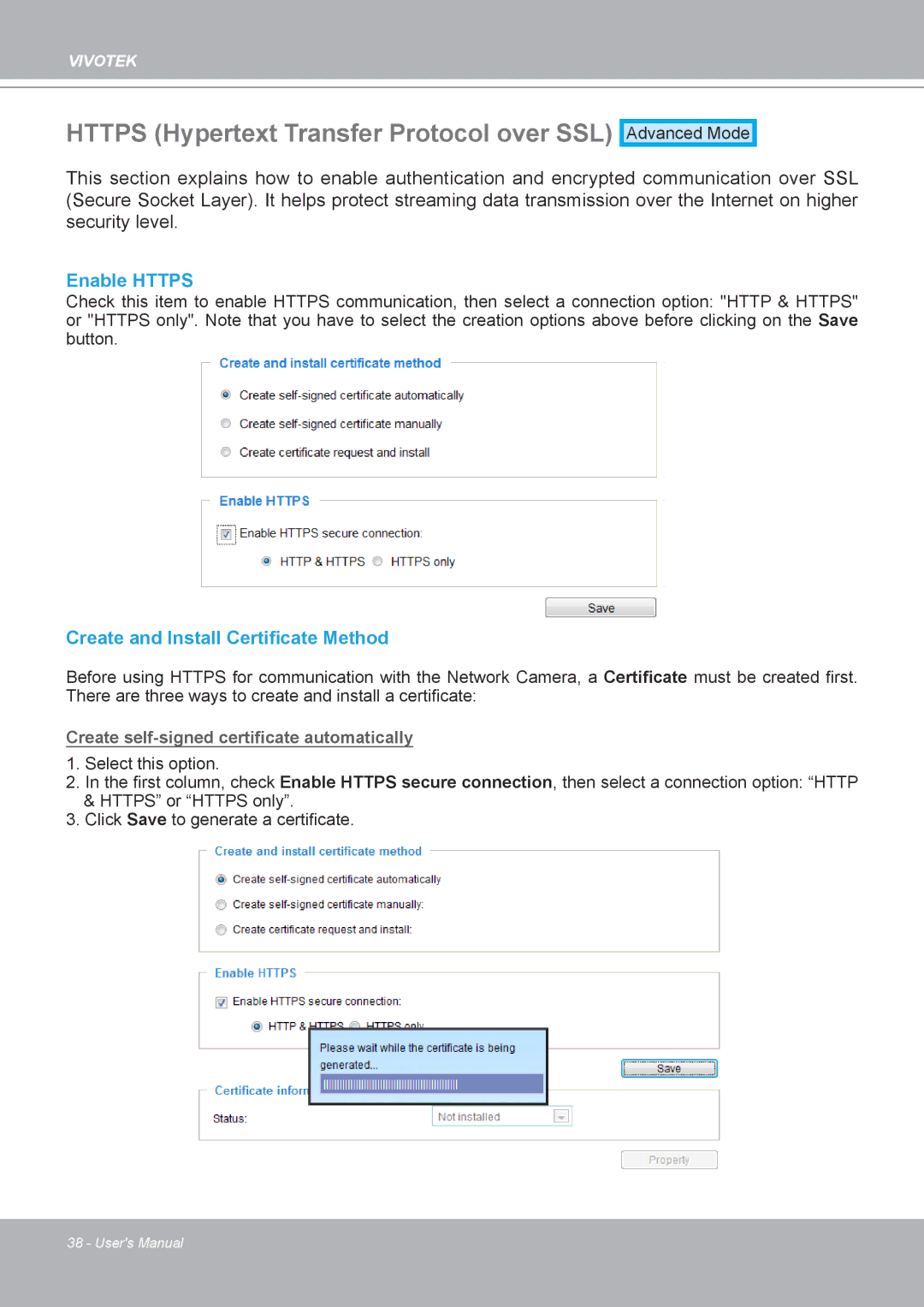 Vivotek MD8562, 8562D manual Https Hypertext Transfer Protocol over SSL, Enable Https, Create and Install Certificate Method 