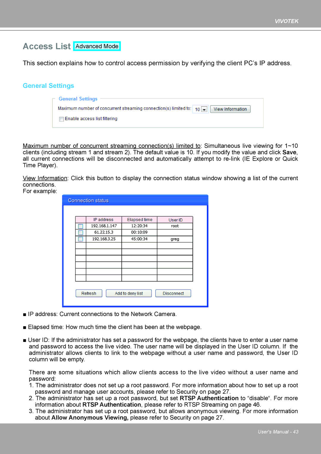 Vivotek 8562D, MD8562 manual Access List, General Settings 