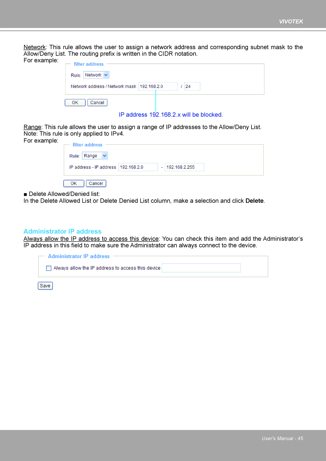 Vivotek 8562D, MD8562 manual Administrator IP address, IP address 192.168.2.x will be blocked 