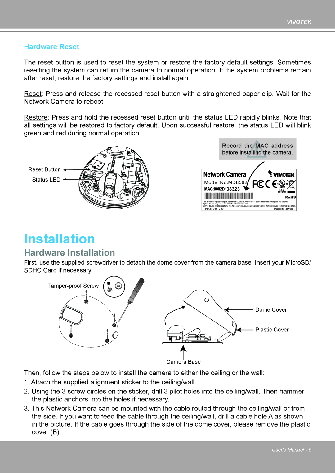 Vivotek 8562D, MD8562 manual Hardware Installation, Hardware Reset 