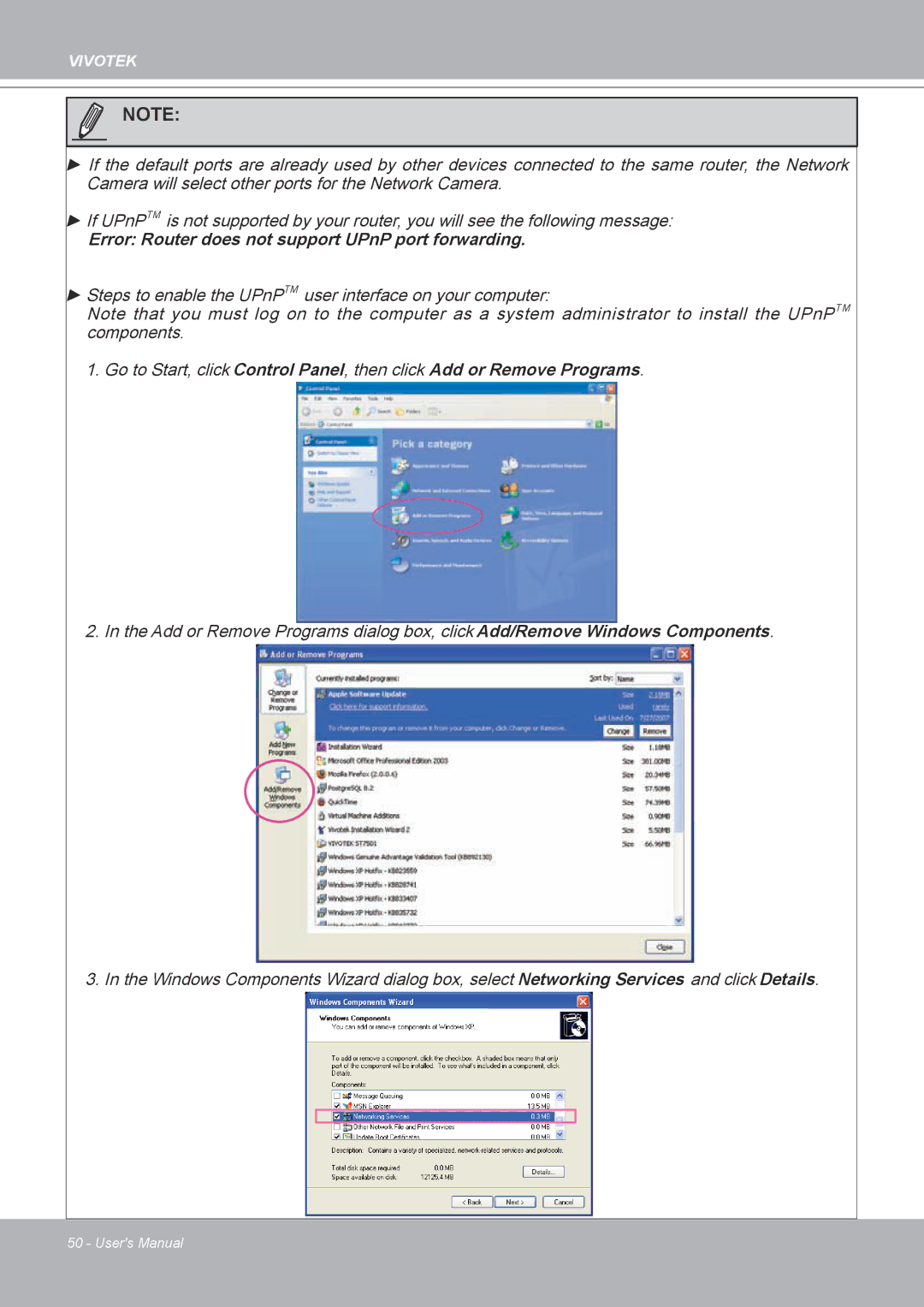 Vivotek MD8562, 8562D manual Error Router does not support UPnP port forwarding 