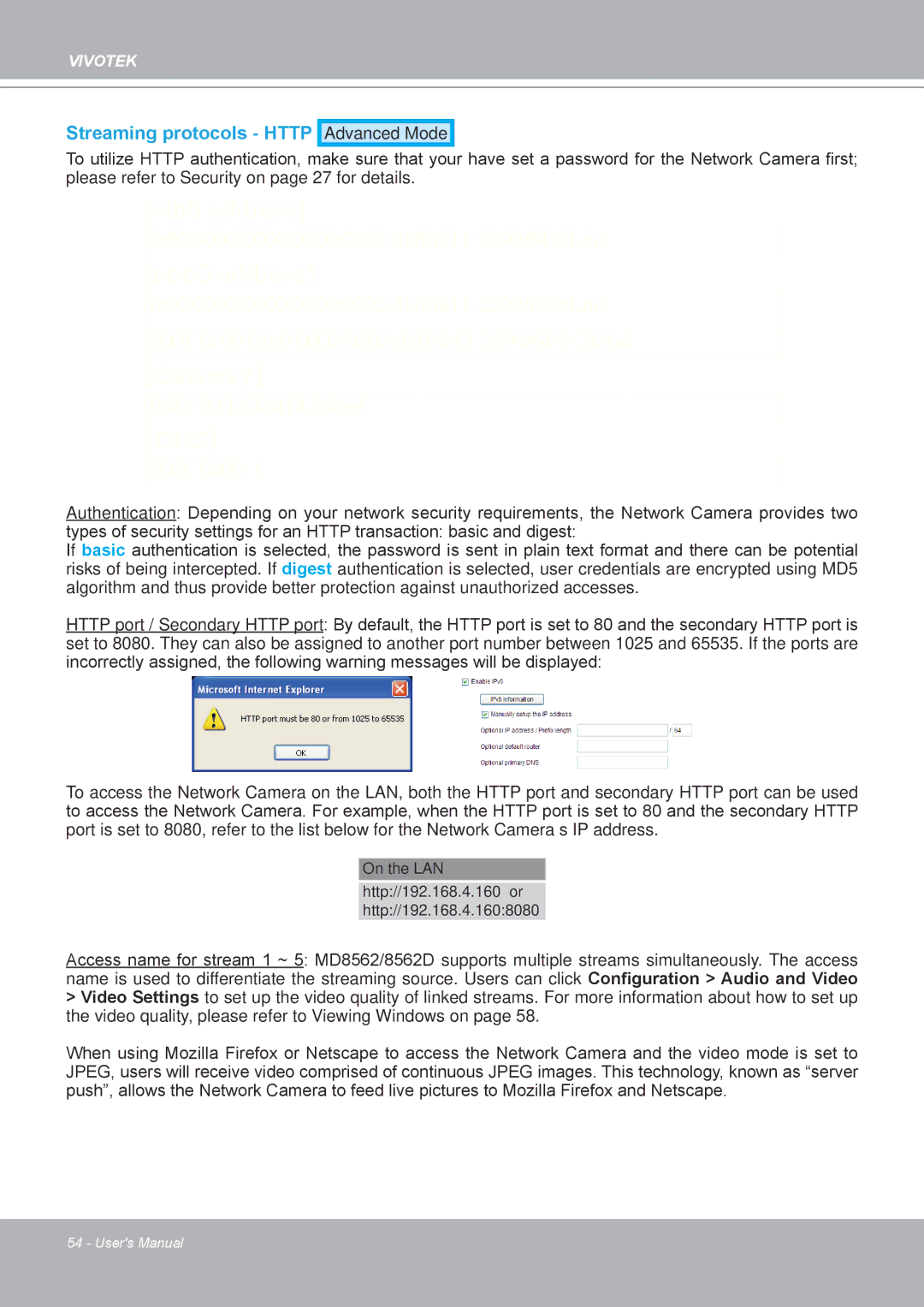 Vivotek MD8562, 8562D manual Streaming protocols Http 