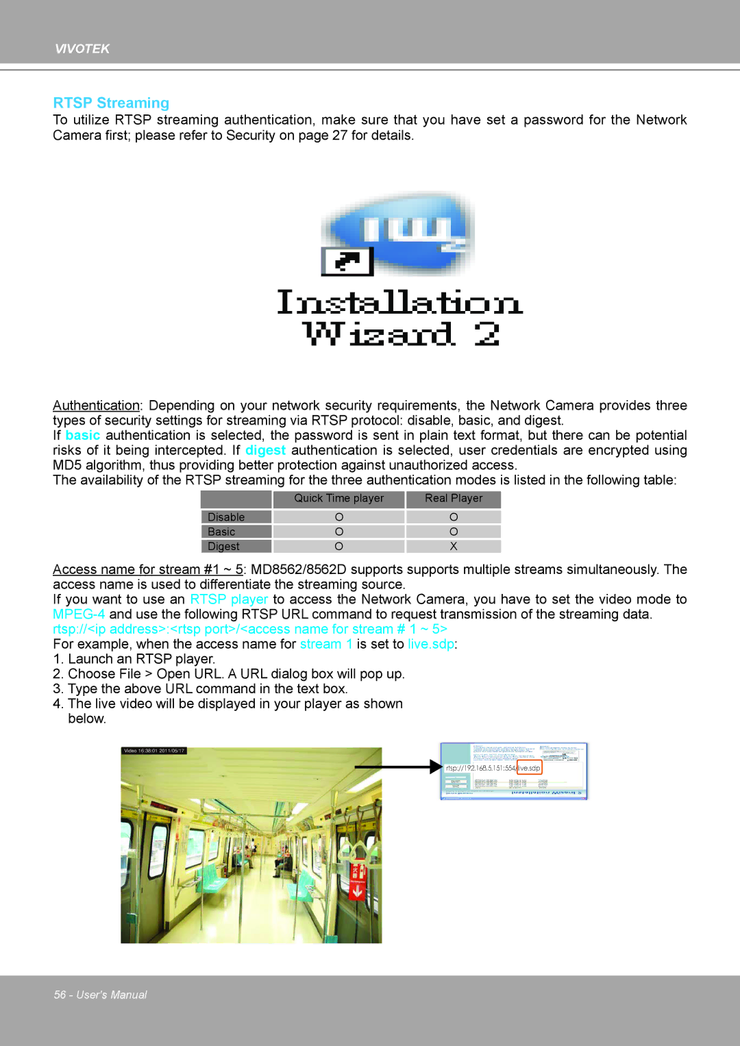 Vivotek MD8562, 8562D manual Rtsp Streaming 