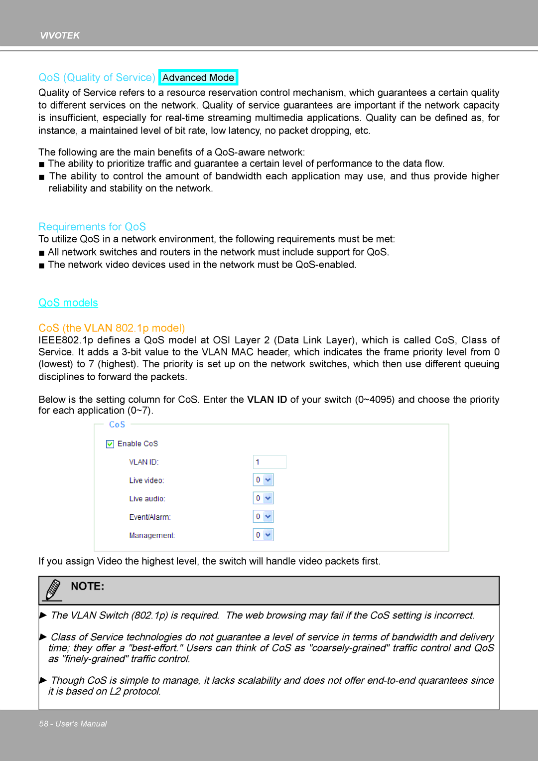 Vivotek MD8562, 8562D manual CoS the Vlan 802.1p model 