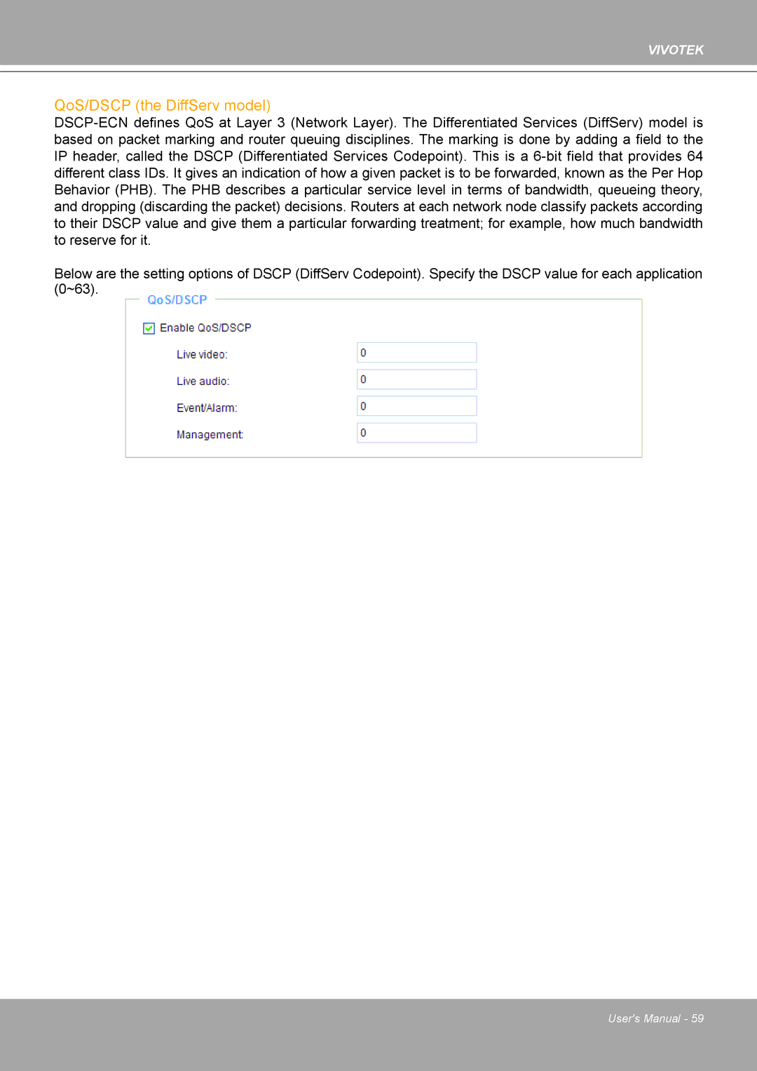 Vivotek 8562D, MD8562 manual QoS/DSCP the DiffServ model 