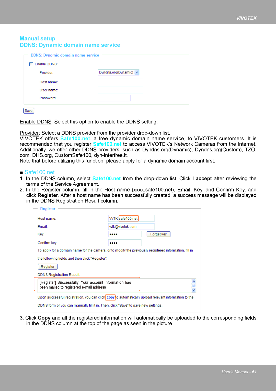 Vivotek 8562D, MD8562 manual Manual setup Ddns Dynamic domain name service, Safe100.net 