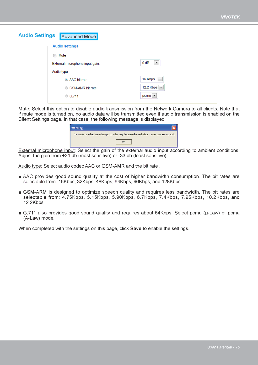 Vivotek 8562D, MD8562 manual Audio Settings 