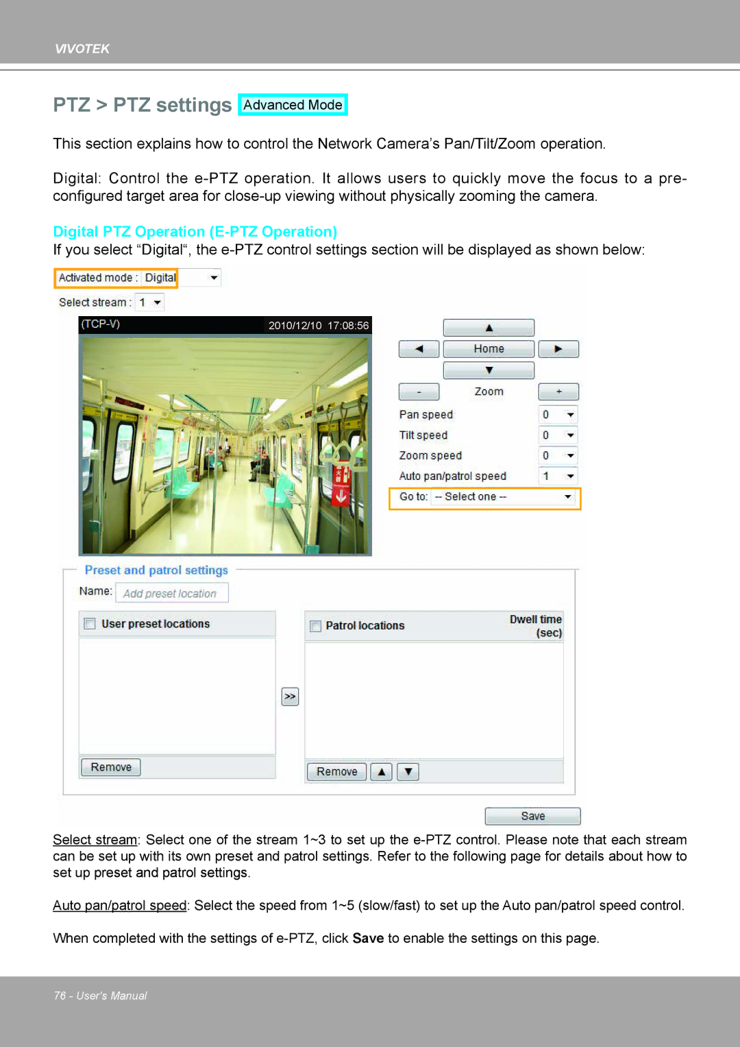 Vivotek MD8562, 8562D manual PTZ PTZ settings, Digital PTZ Operation E-PTZ Operation 