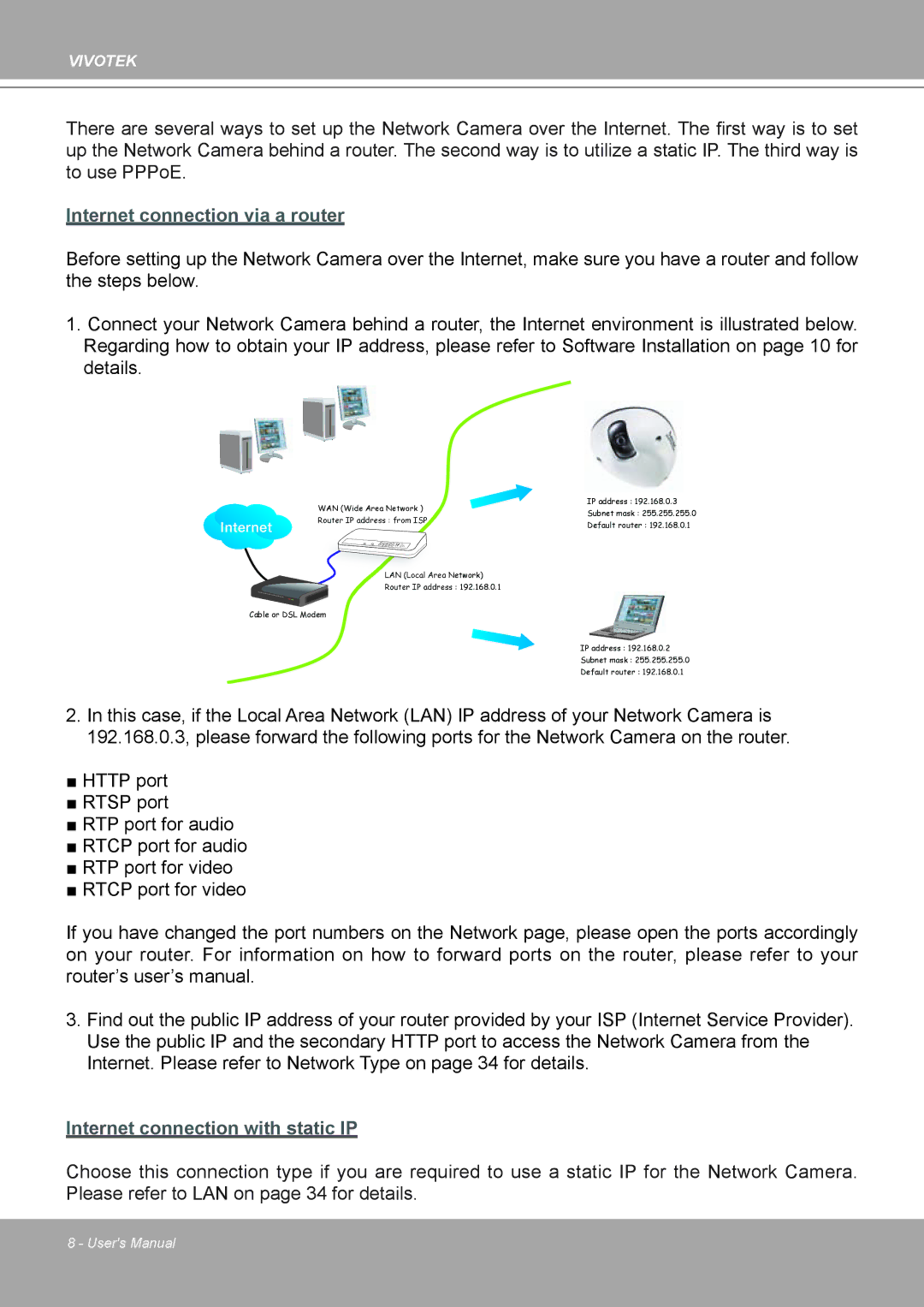 Vivotek MD8562, 8562D manual Internet connection via a router 