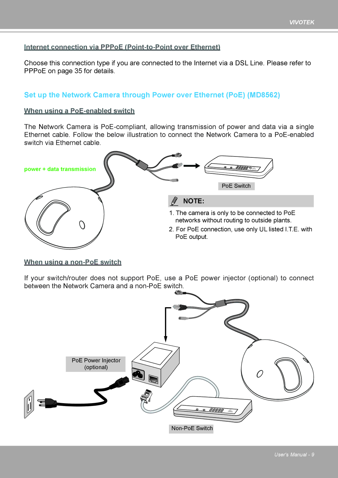 Vivotek 8562D, MD8562 manual Internet connection via PPPoE Point-to-Point over Ethernet 