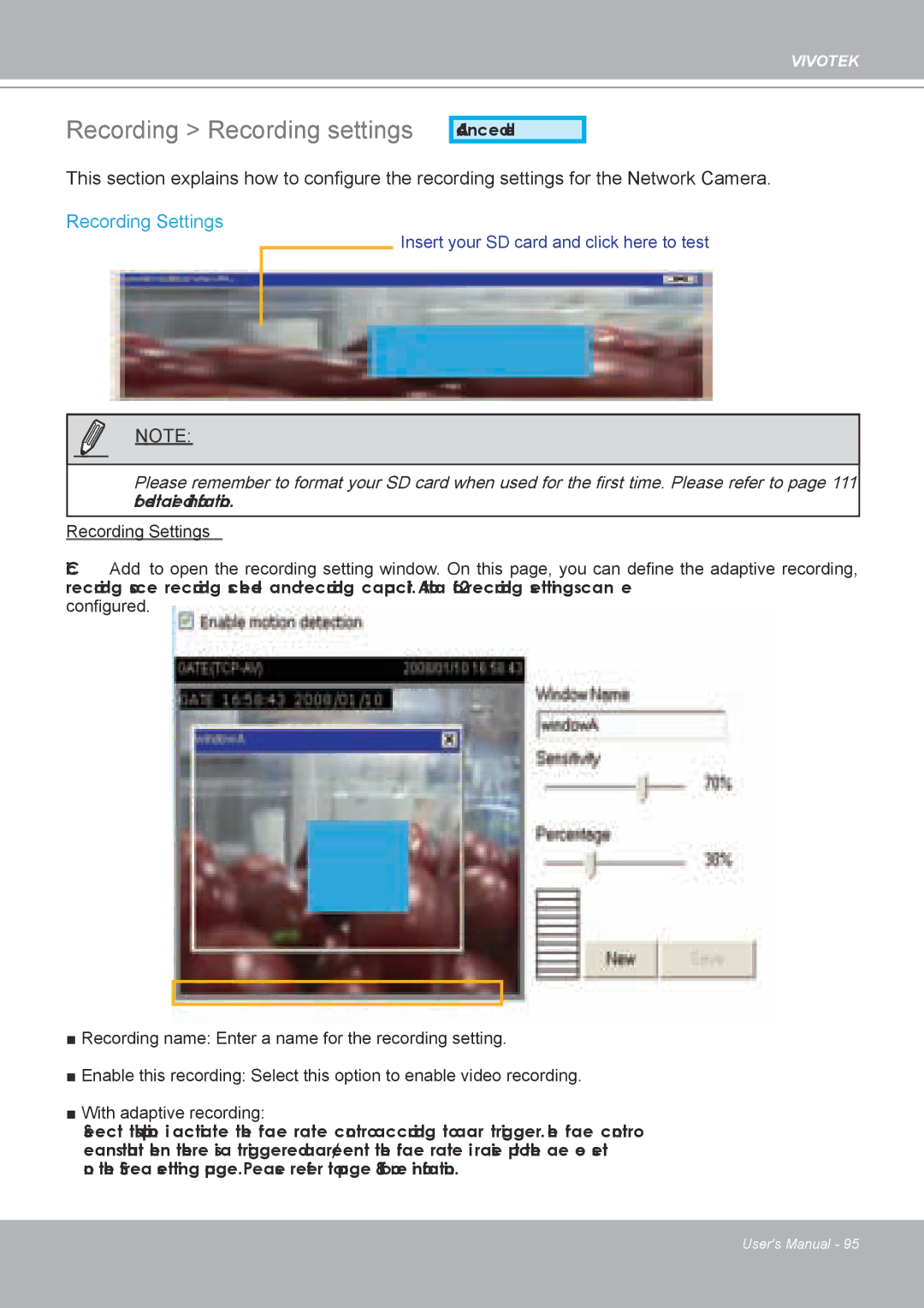 Vivotek 8562D, MD8562 manual Recording Recording settings, Recording Settings 