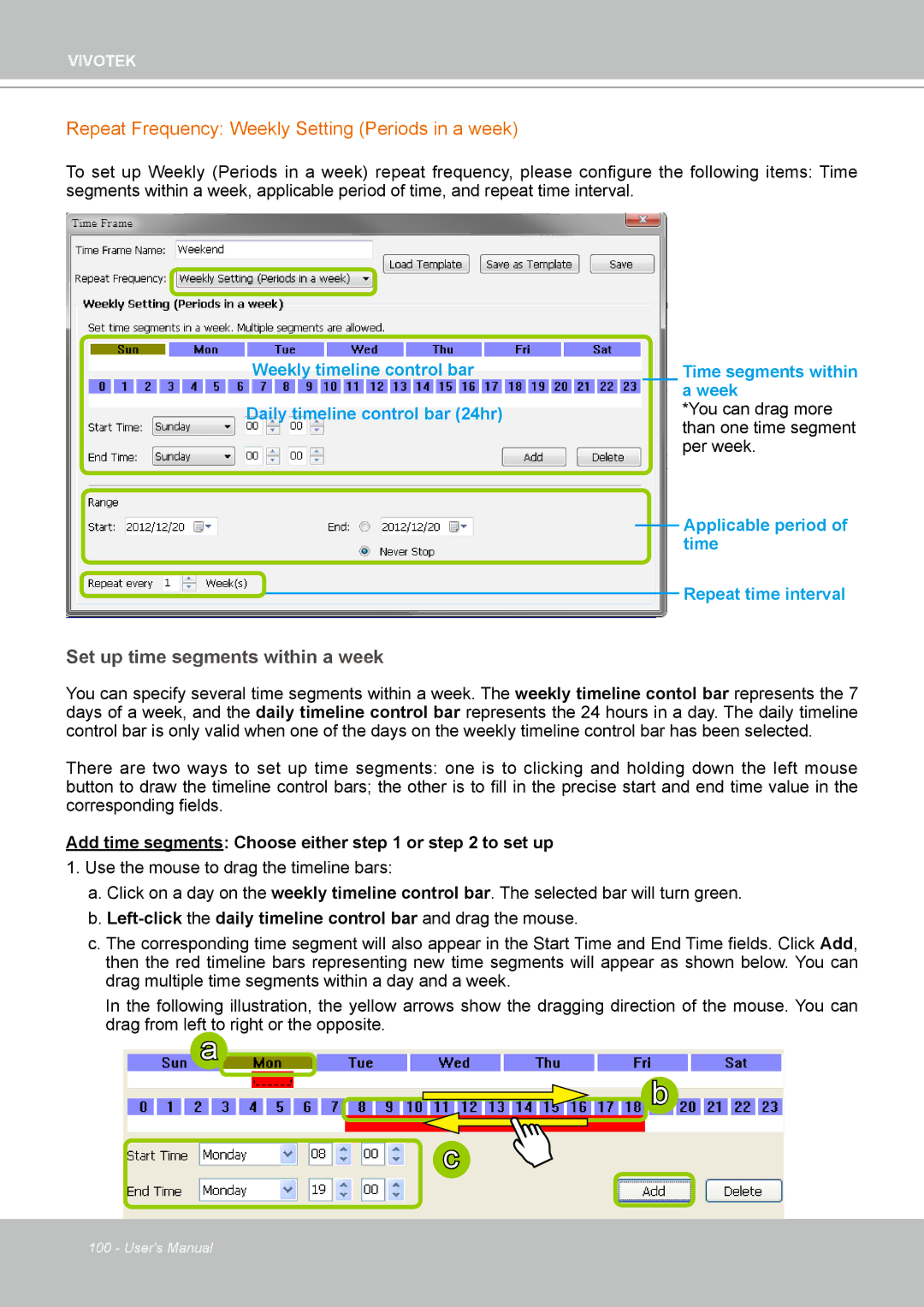 Vivotek ND4801 user manual Repeat Frequency Weekly Setting Periods in a week, Set up time segments within a week 