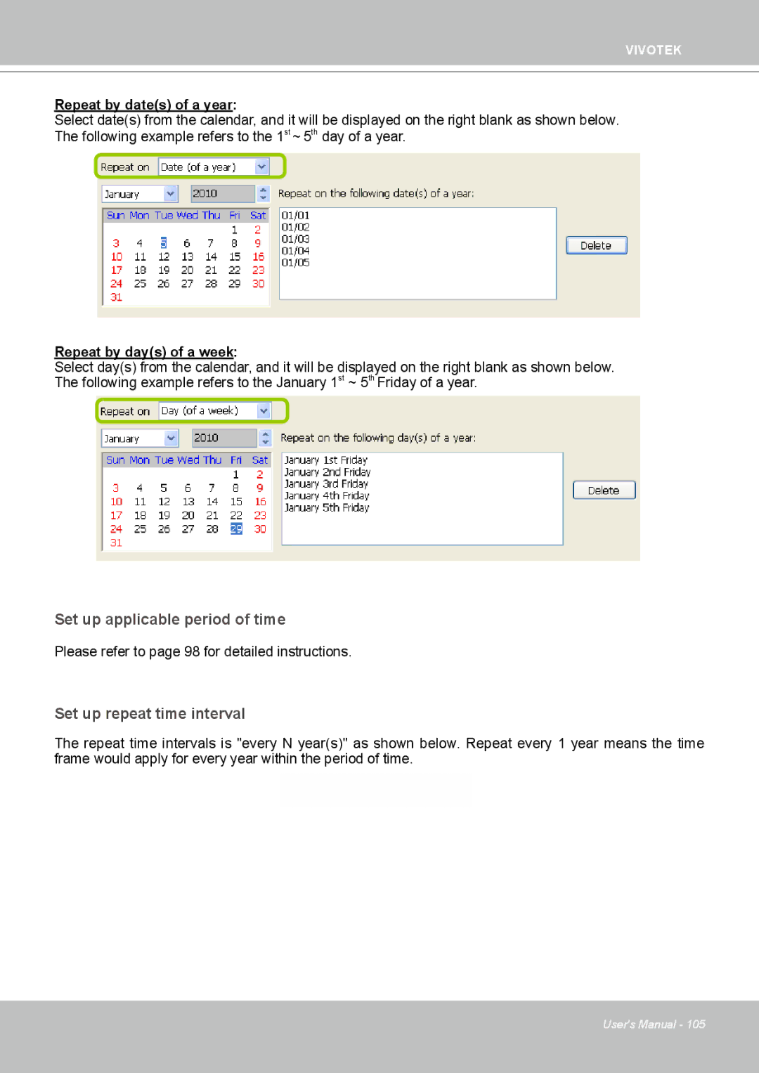 Vivotek ND4801 user manual Repeat by dates of a year 