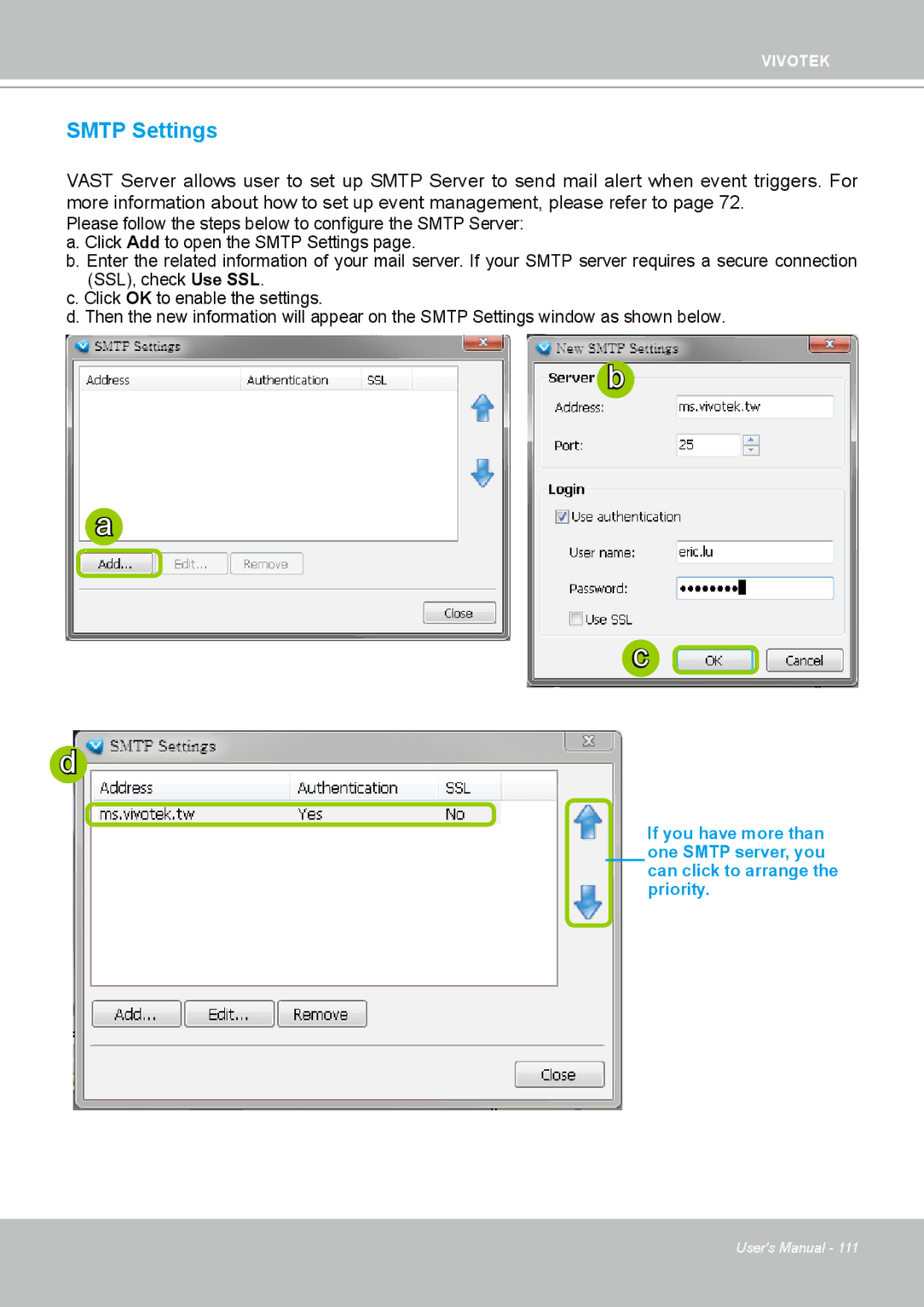 Vivotek ND4801 user manual Smtp Settings 