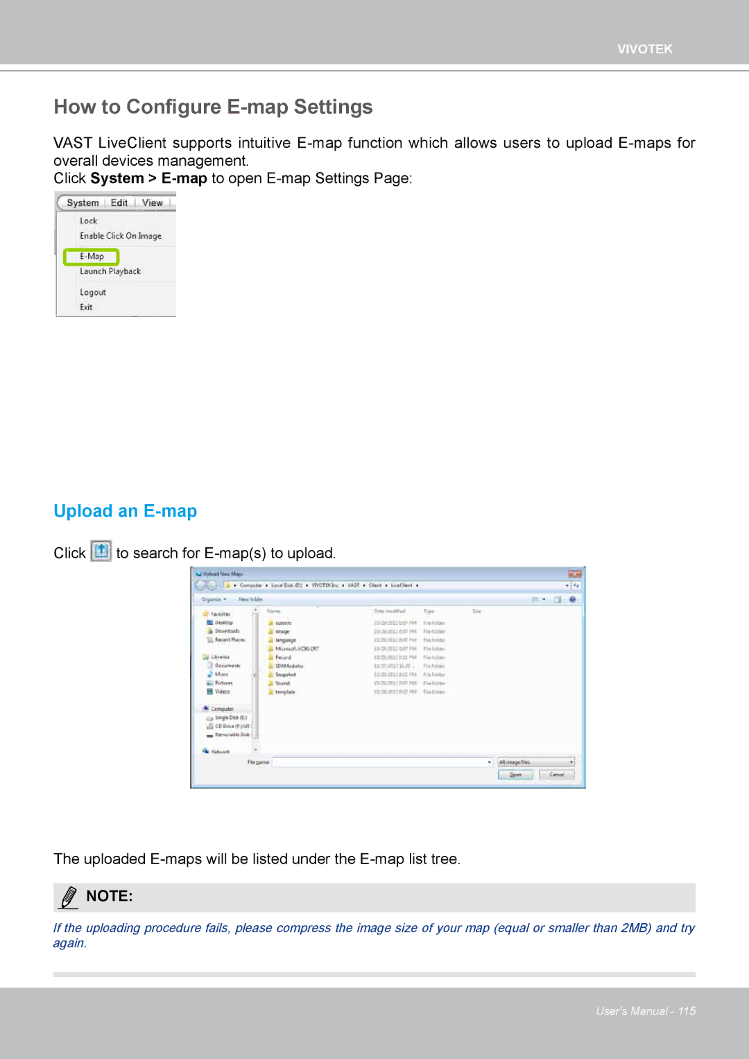 Vivotek ND4801 user manual How to Configure E-map Settings, Upload an E-map 