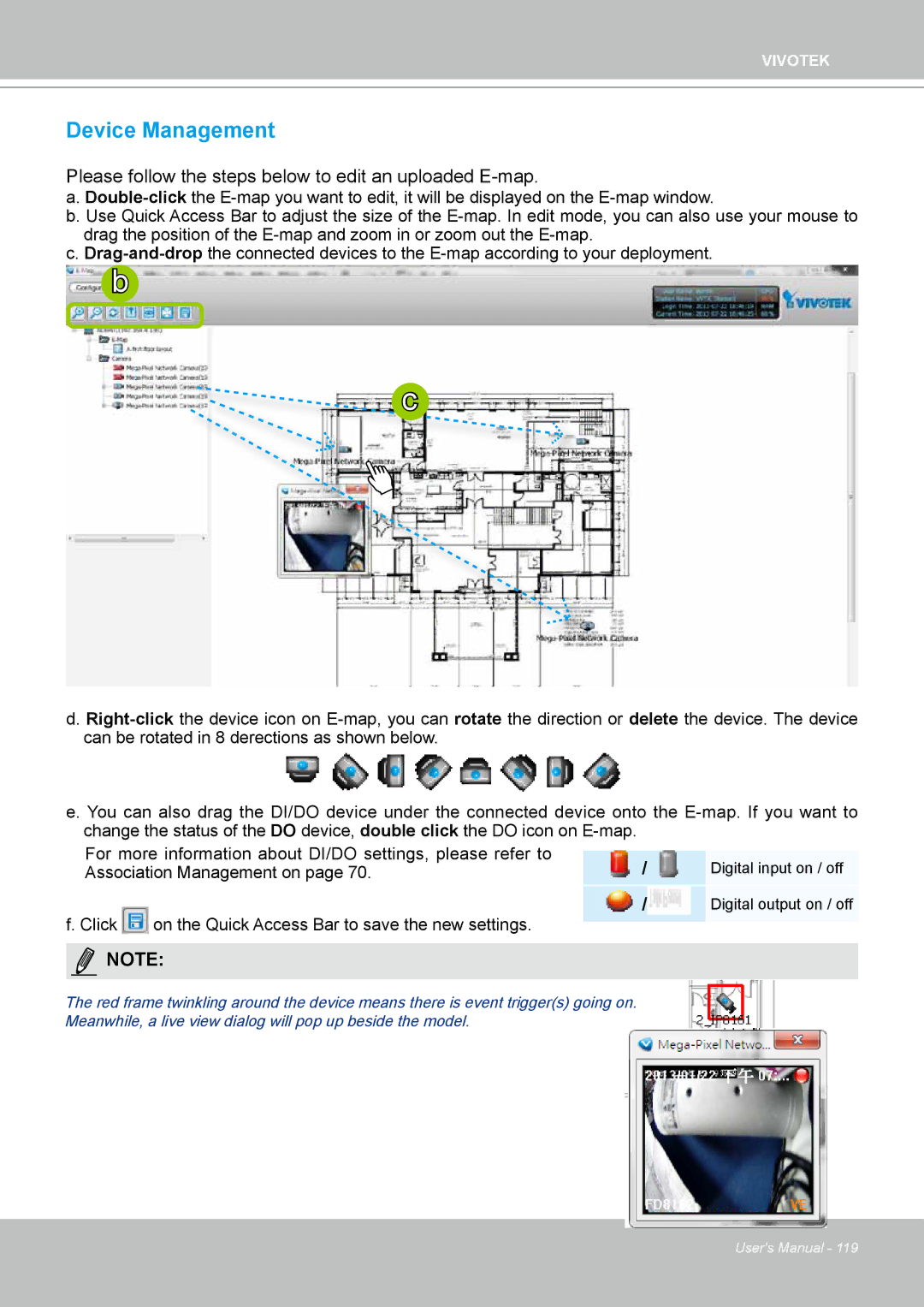 Vivotek ND4801 user manual Device Management, Please follow the steps below to edit an uploaded E-map 