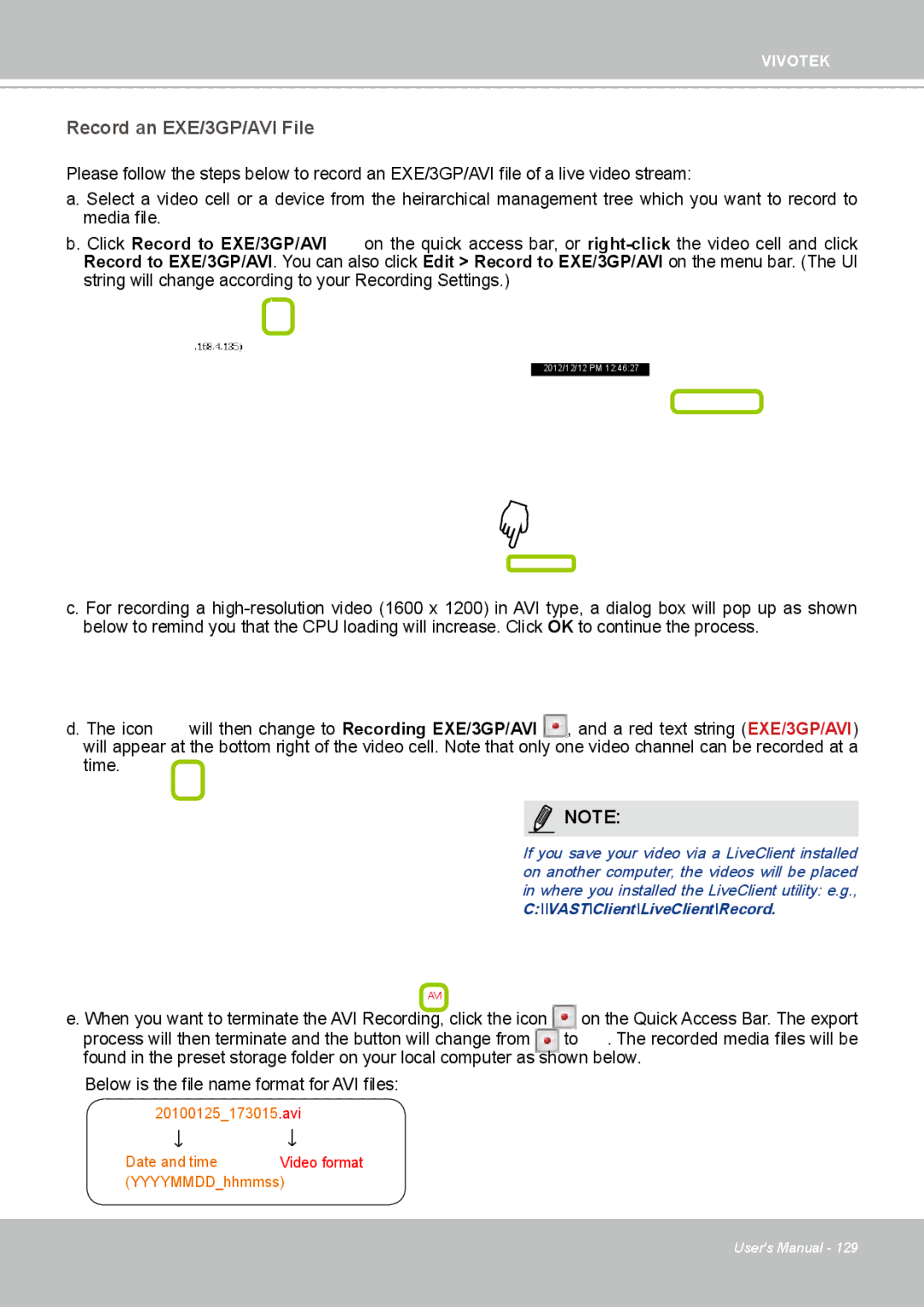 Vivotek ND4801 user manual Record an EXE/3GP/AVI File 