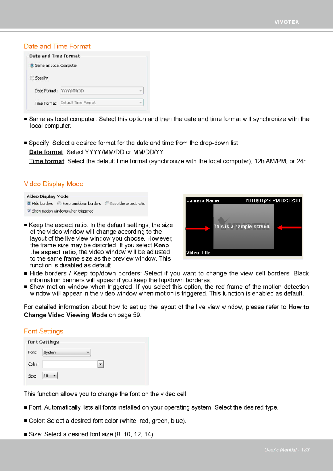 Vivotek ND4801 user manual Date and Time Format, Video Display Mode, Font Settings 