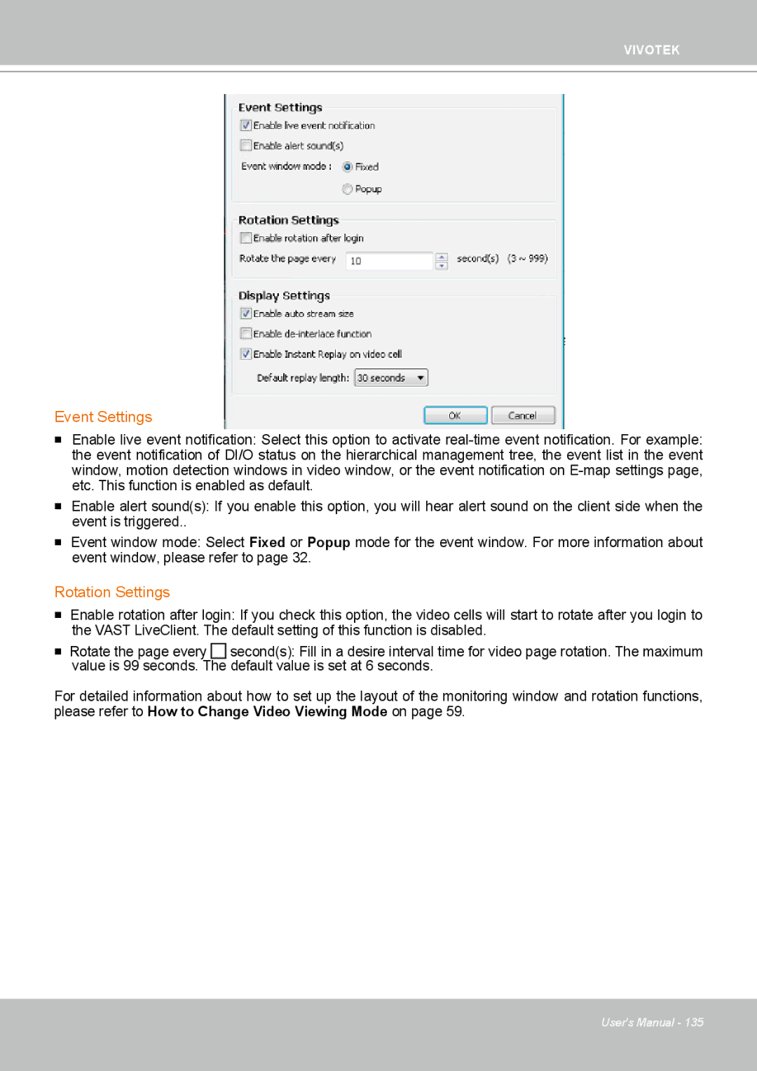 Vivotek ND4801 user manual Event Settings, Rotation Settings 