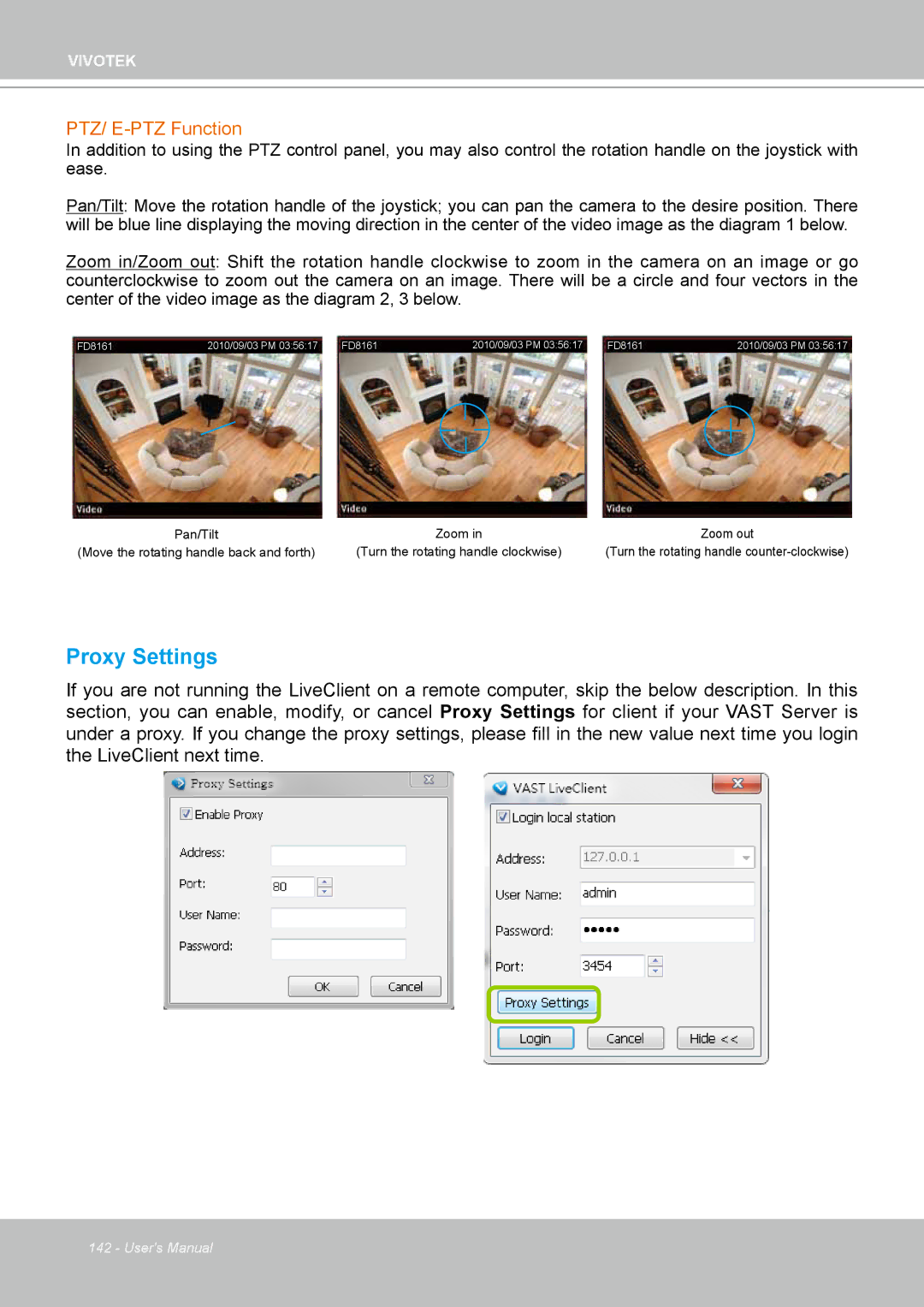 Vivotek ND4801 user manual Proxy Settings, PTZ/ E-PTZ Function 