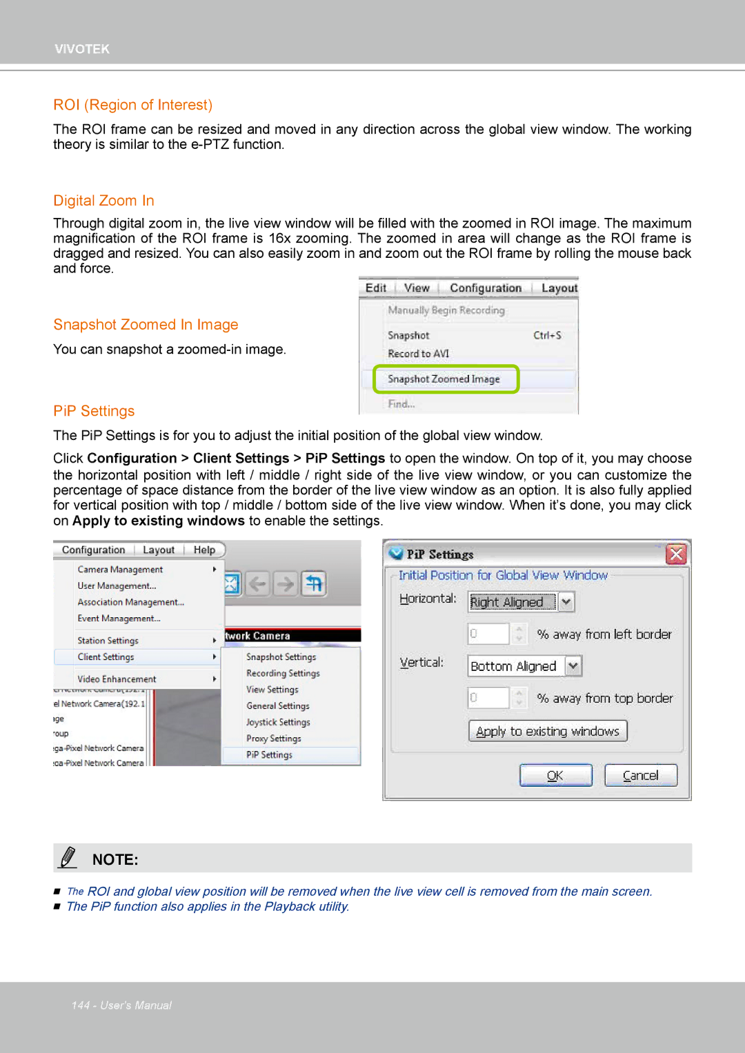 Vivotek ND4801 user manual ROI Region of Interest, Digital Zoom, Snapshot Zoomed In Image, PiP Settings 